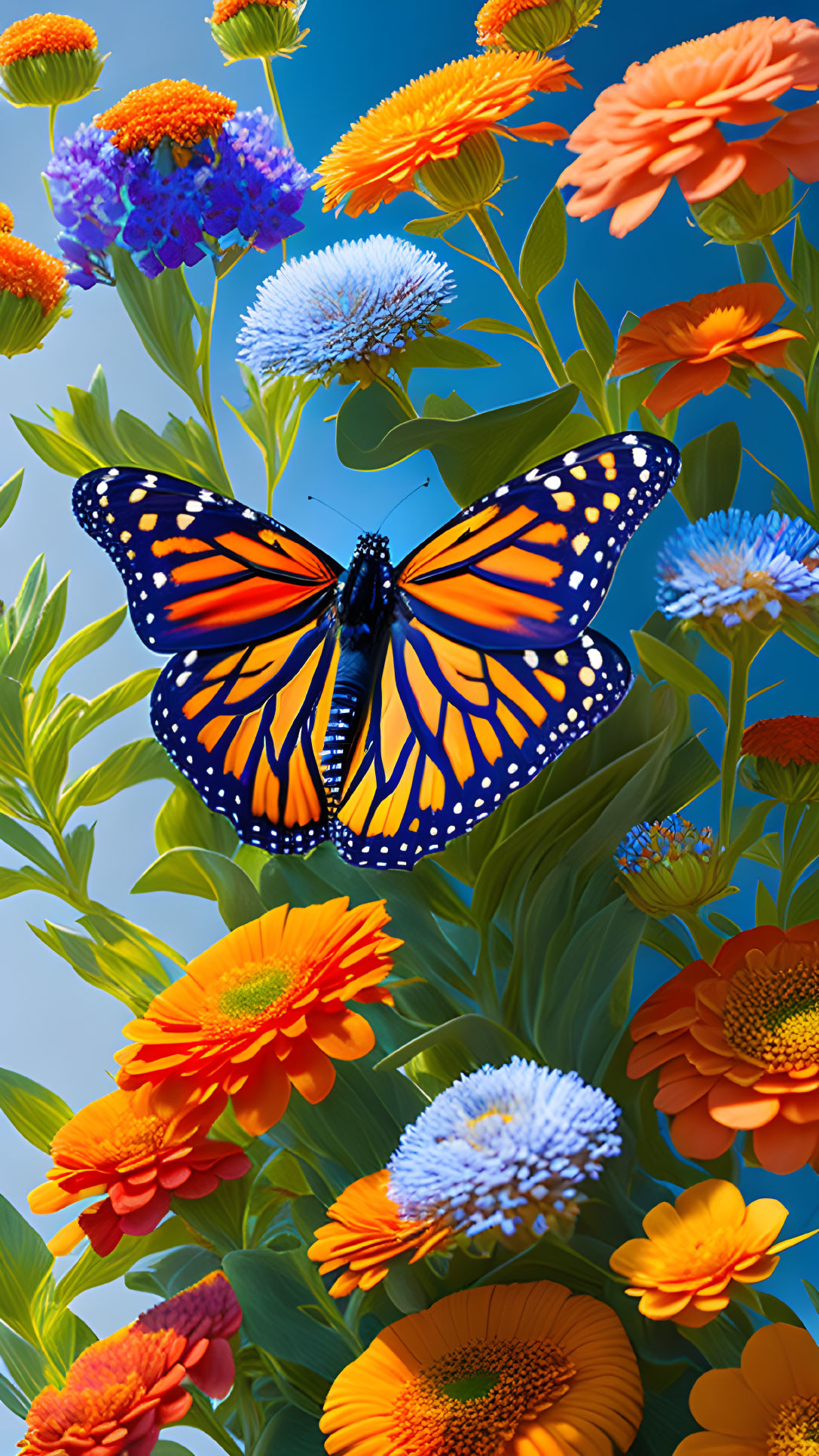 Colorful Monarch Butterfly on Flowers Against Blue Background