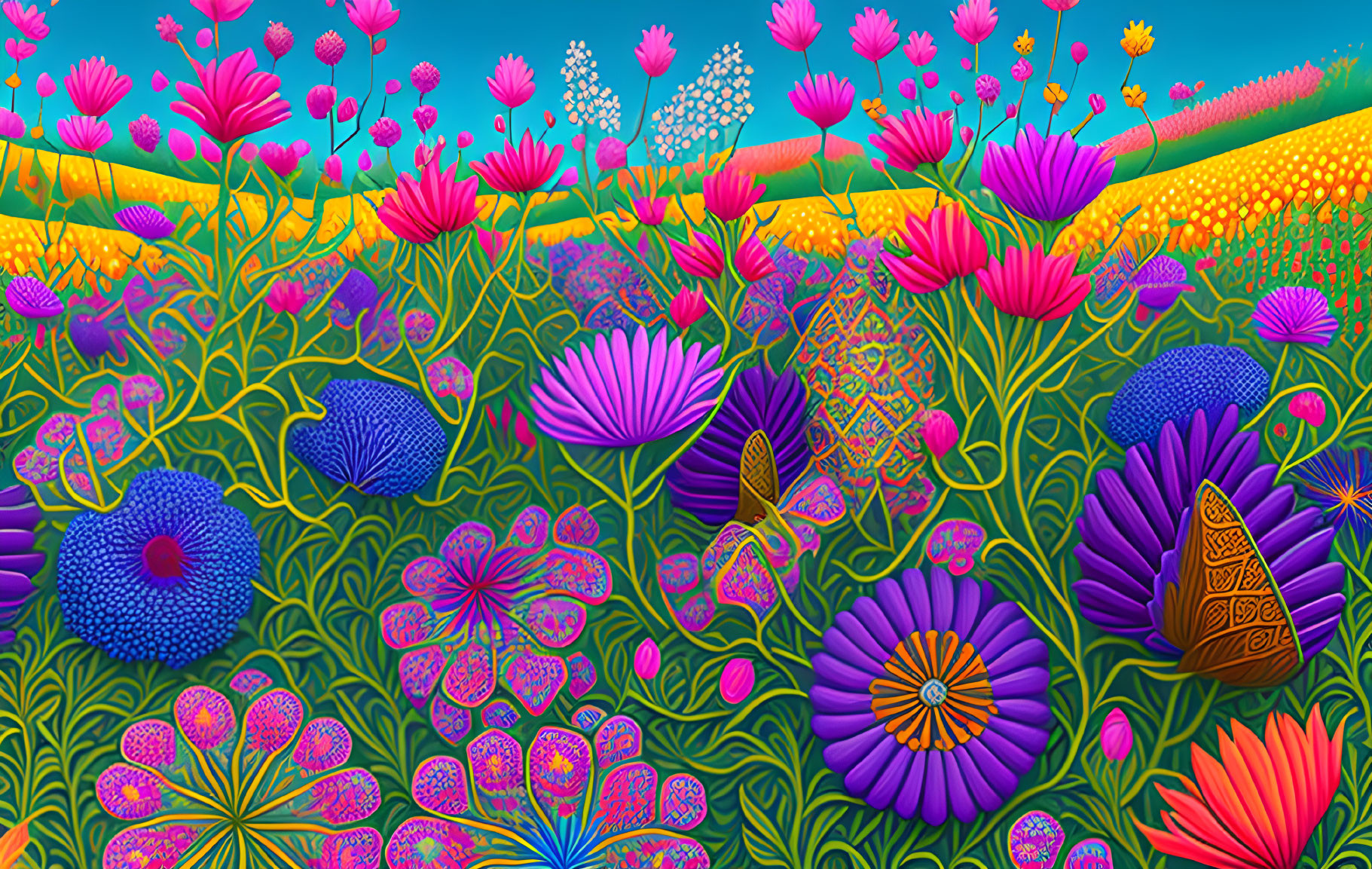 Colorful digital artwork of stylized flowers and plants in a fantasy garden