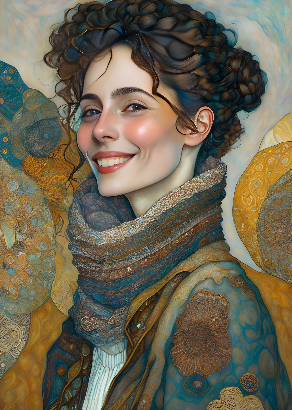 Joyful woman in ornate scarf and jacket with golden patterns