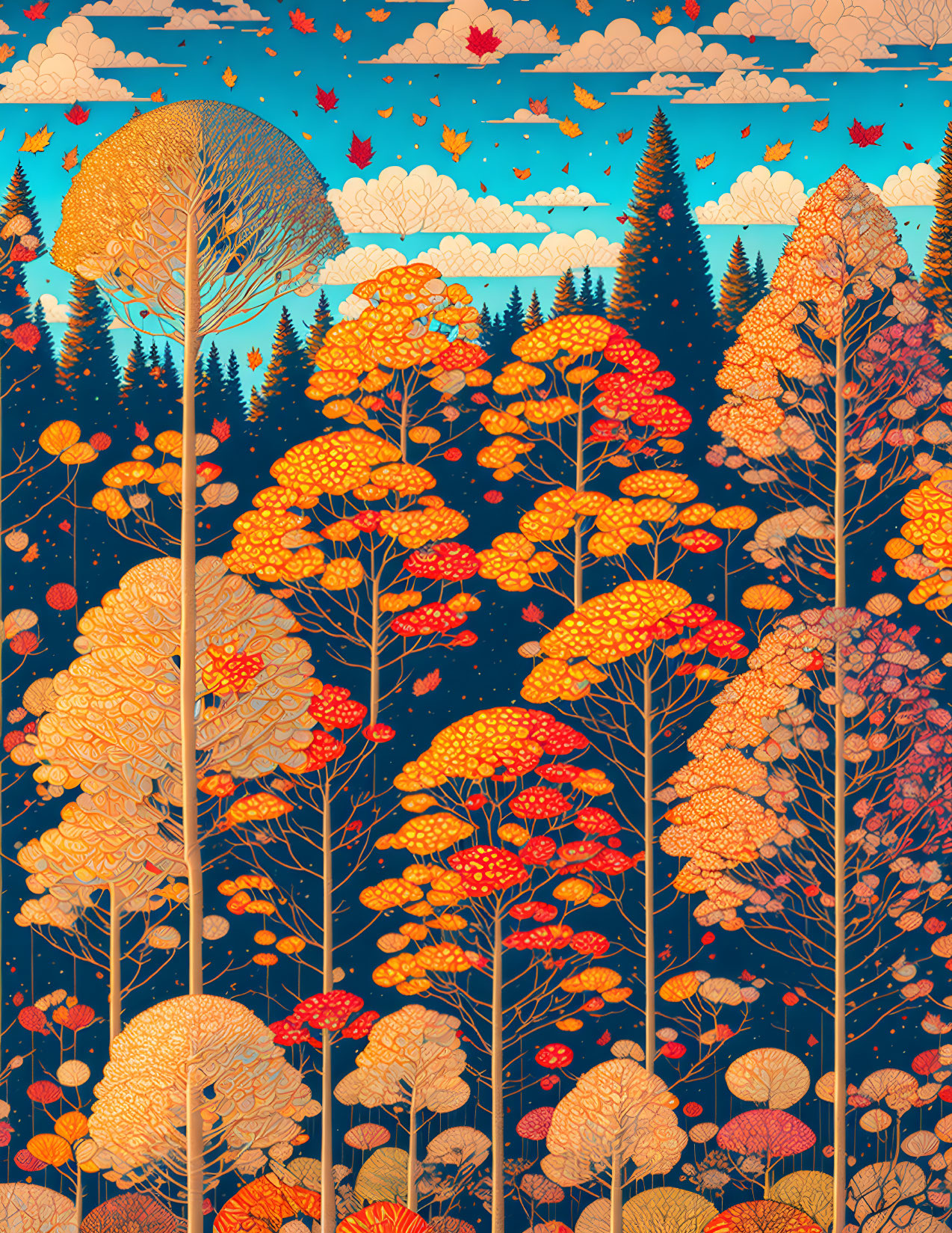 Colorful autumn forest illustration with stylized trees and birds against blue sky