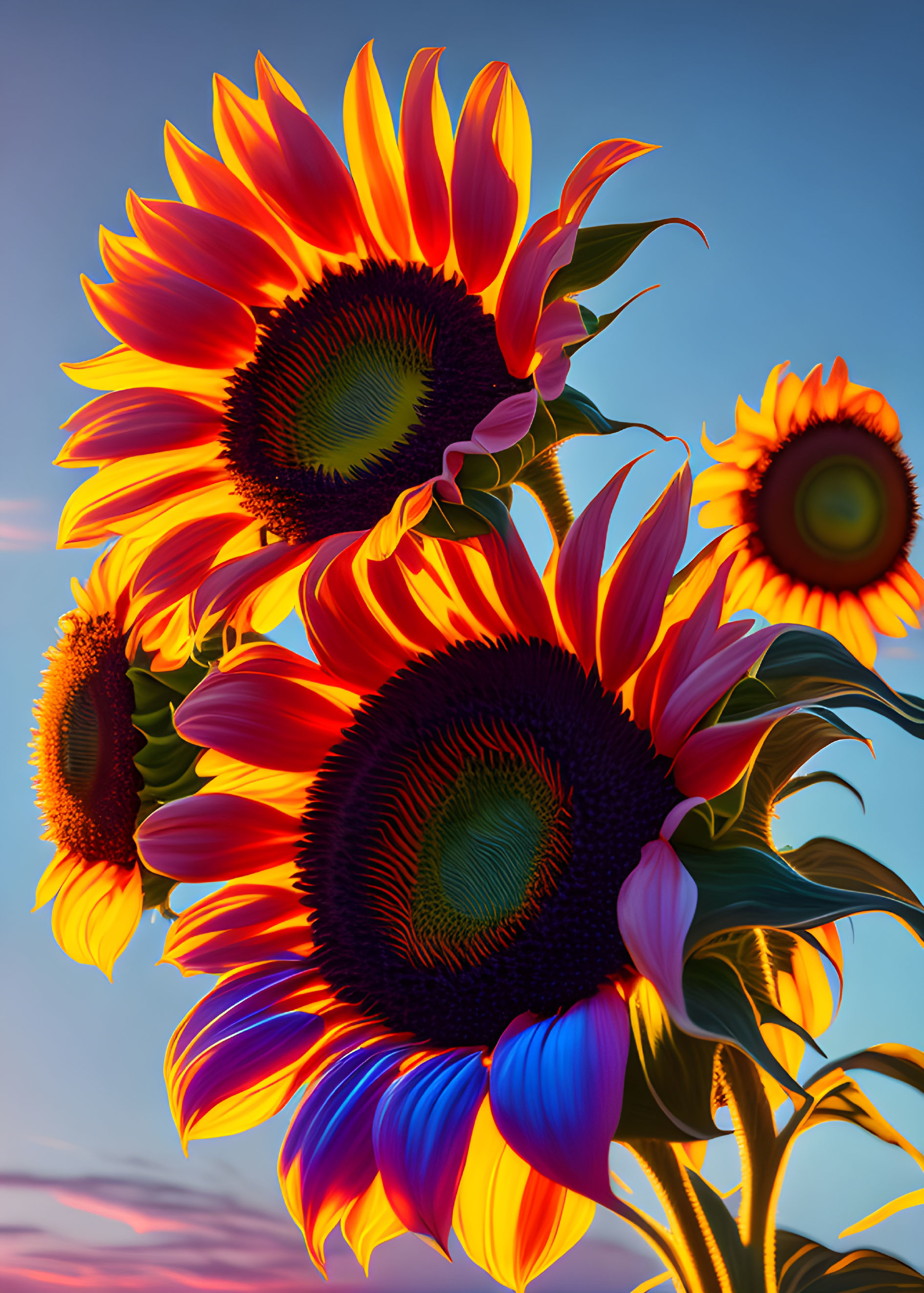 Colorful sunflowers against blue sky with intricate centers