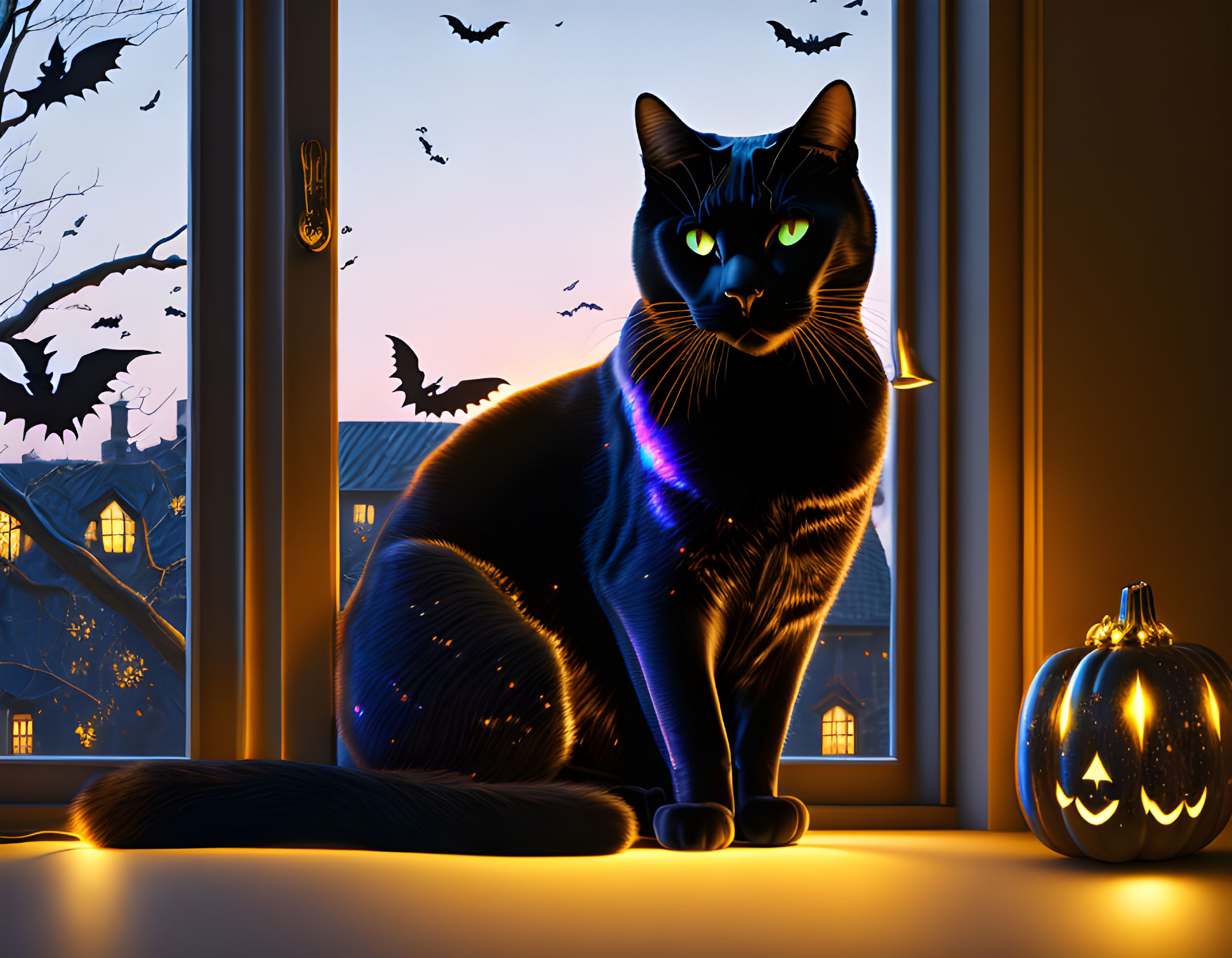 Black Cat with Glowing Eyes on Windowsill at Twilight with Bats and Jack-o'-lantern