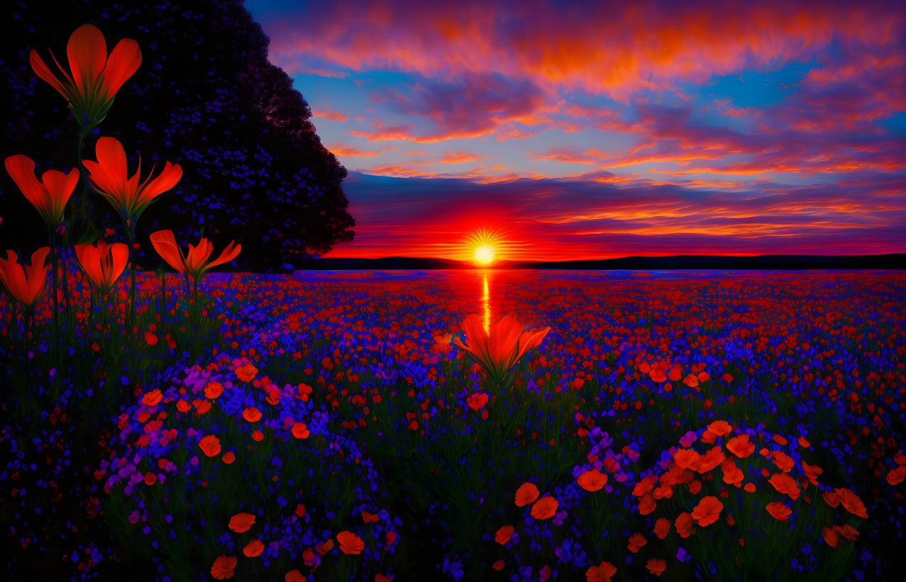 Fiery orange sunset over colorful flower field and tree silhouette