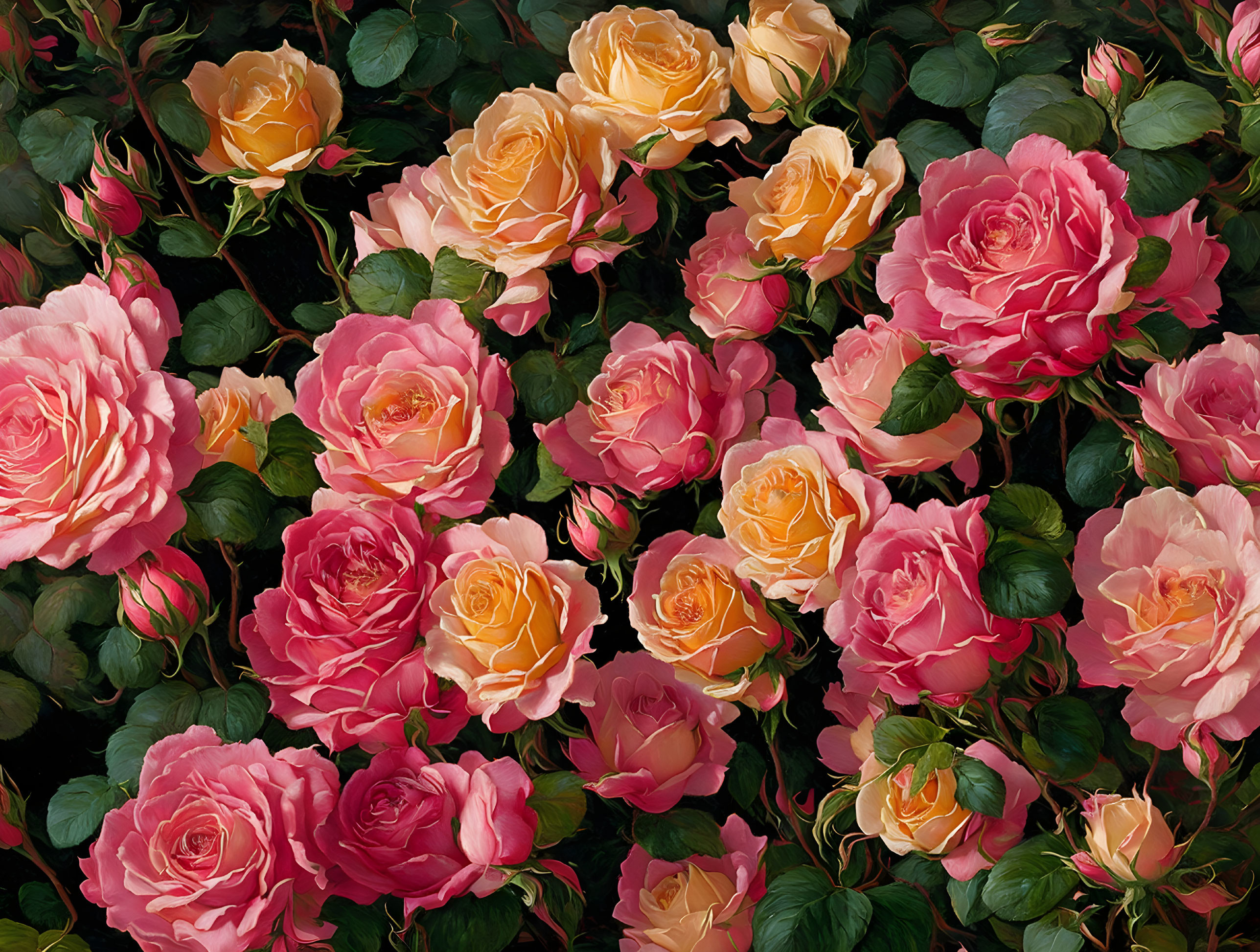 Pink and Peach Roses in Full Bloom on Dark Background