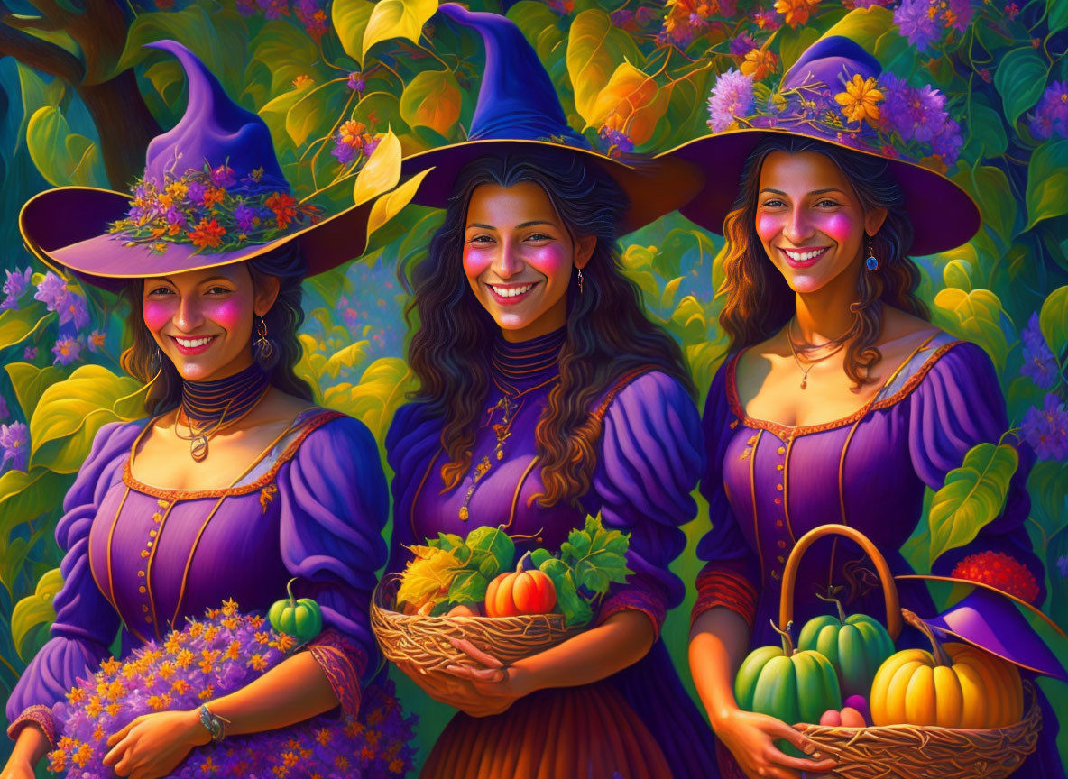 Three smiling women in witch costumes with purple dresses and hats, holding baskets among vibrant foliage.