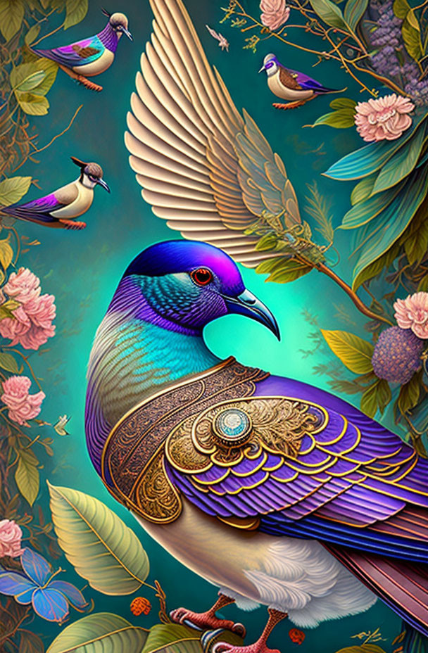 Colorful Digital Artwork: Pigeon with Intricate Patterns, Flowers, and Birds on Te