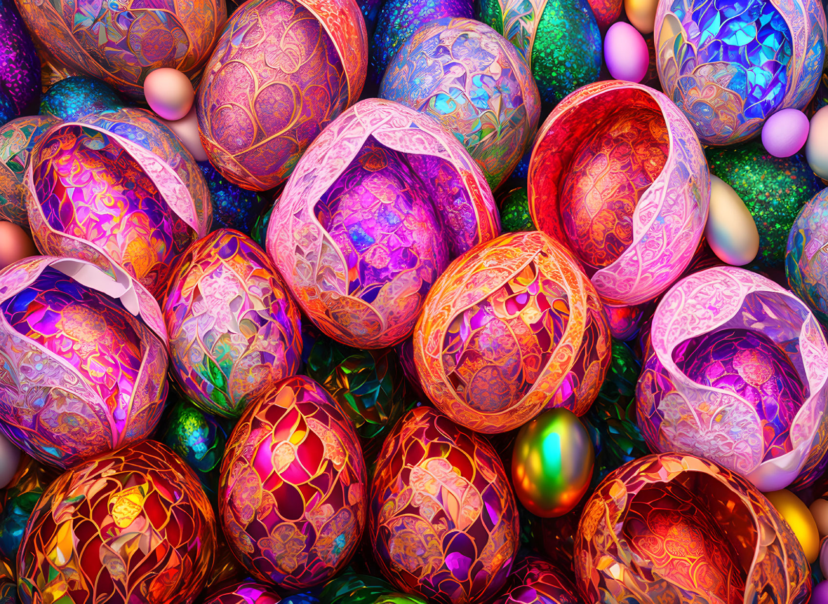 Colorful Easter Eggs Collection with Ornate Patterns and Grass Textures