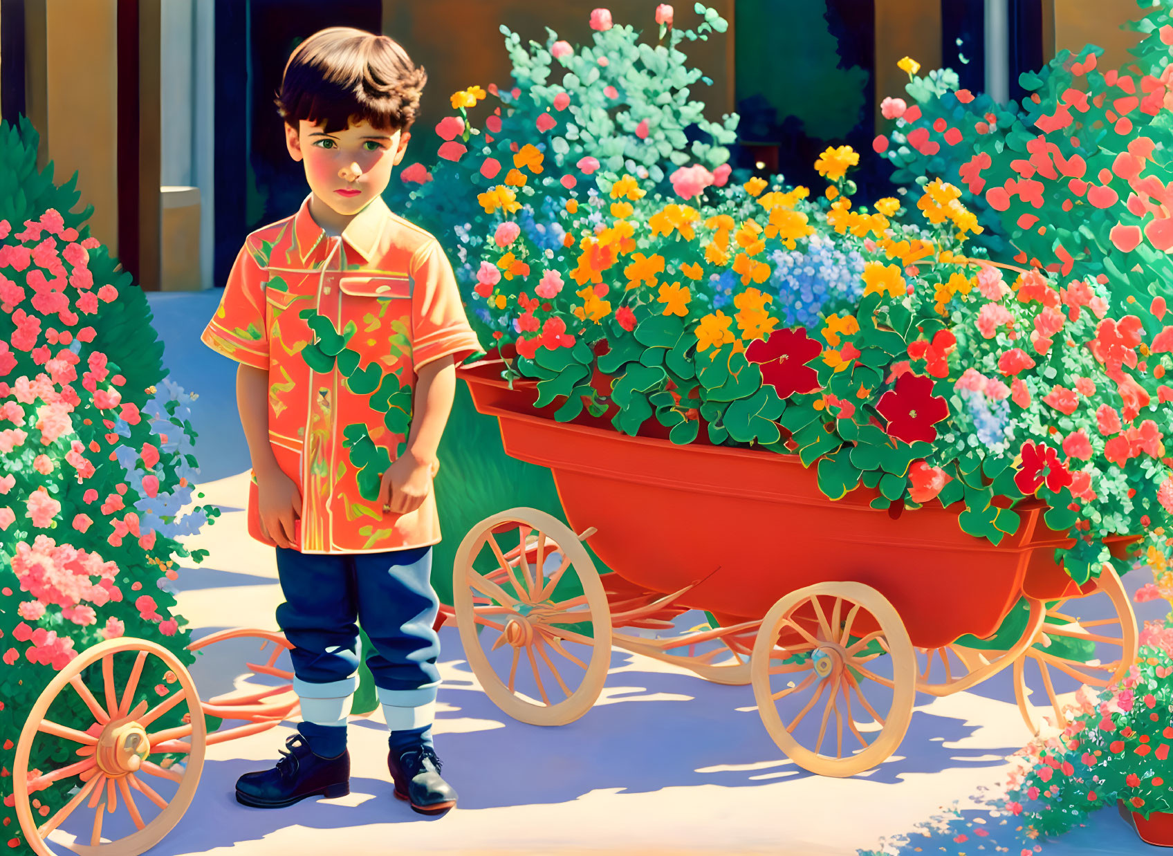 Young boy with red wagon full of colorful flowers in lush garden