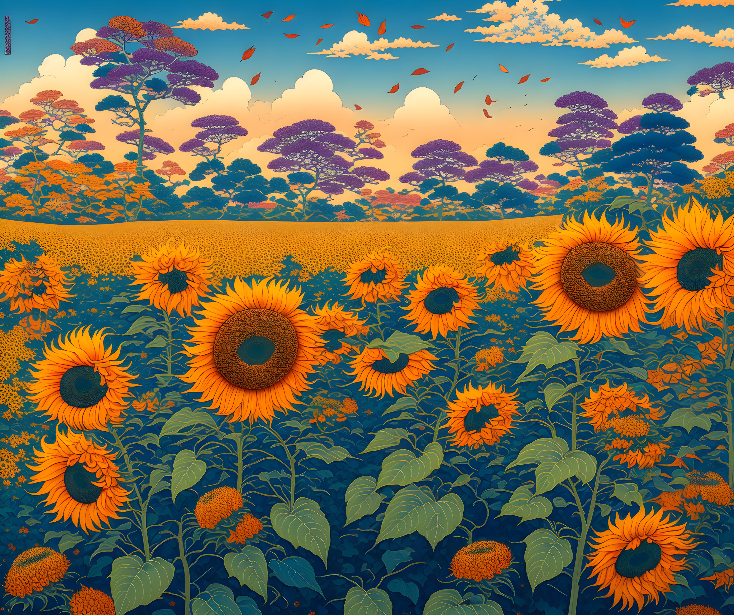 Colorful sunflower field with purple trees and birds under orange sky