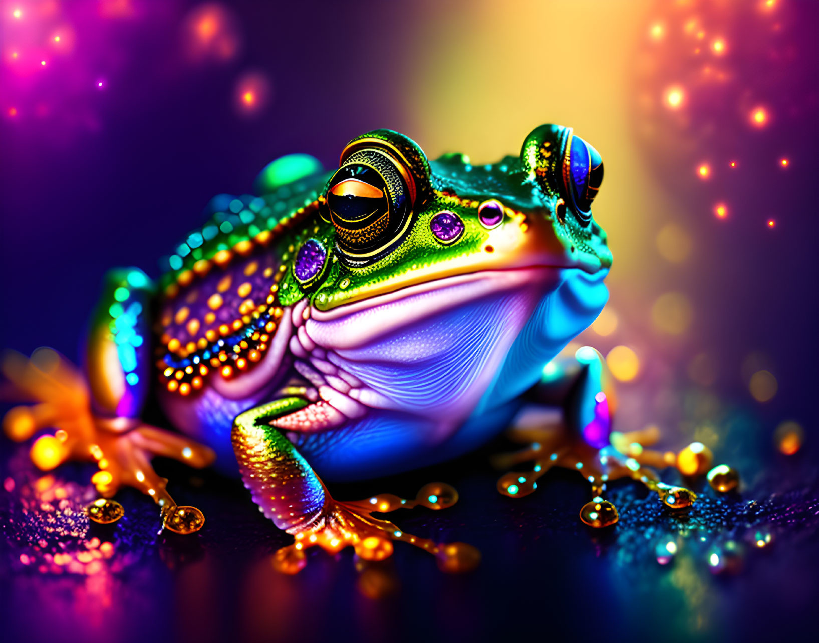 Colorful Frog with Glistening Skin and Glittering Droplets