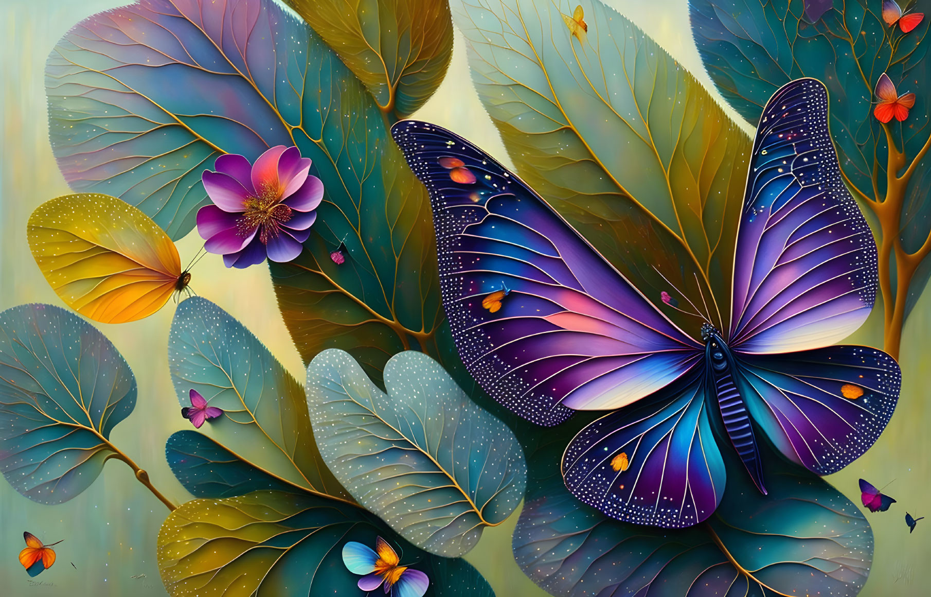 Colorful Butterfly Artwork with Leaves and Patterns