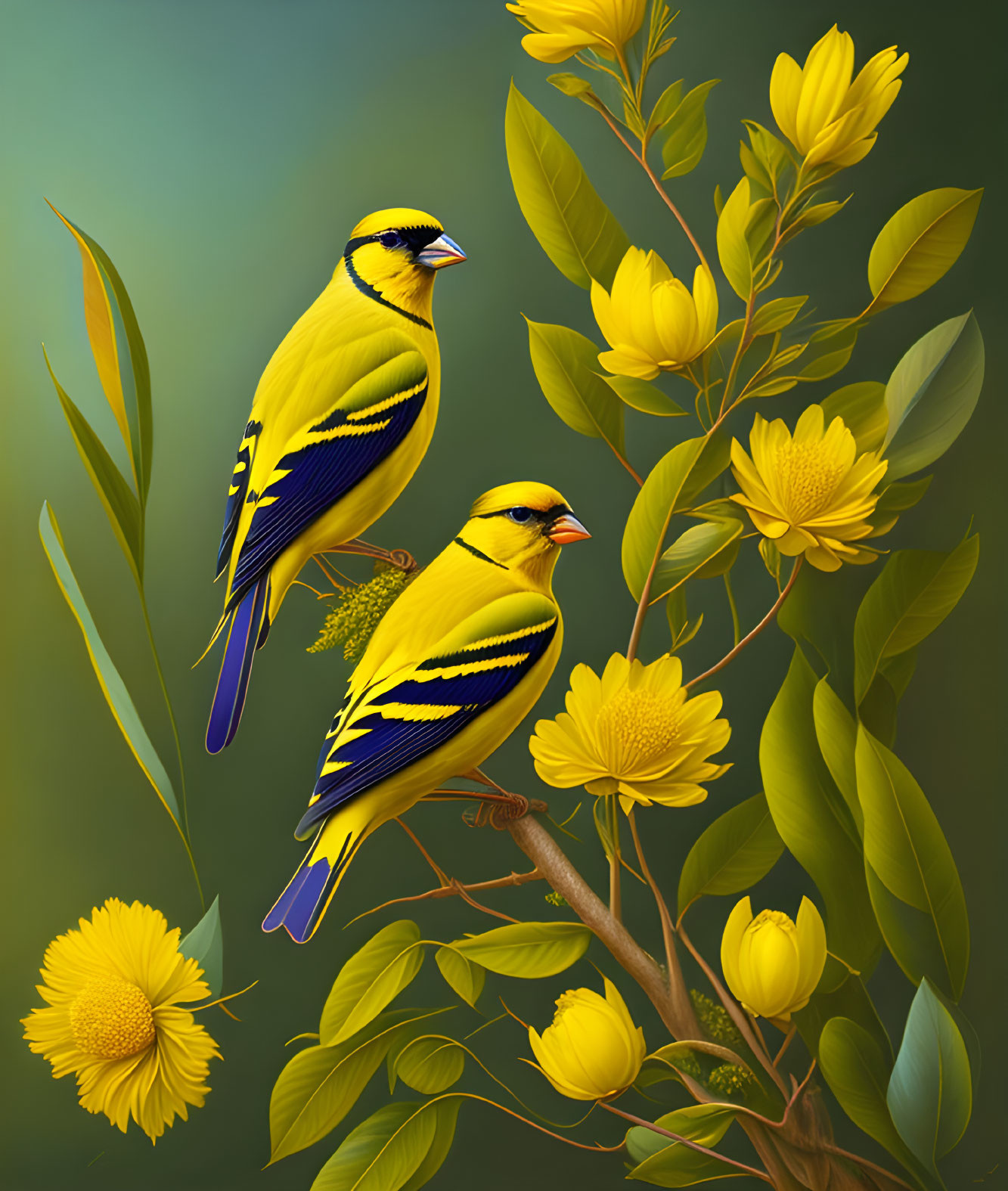 Vibrant yellow and black birds on branches with yellow flowers and green leaves