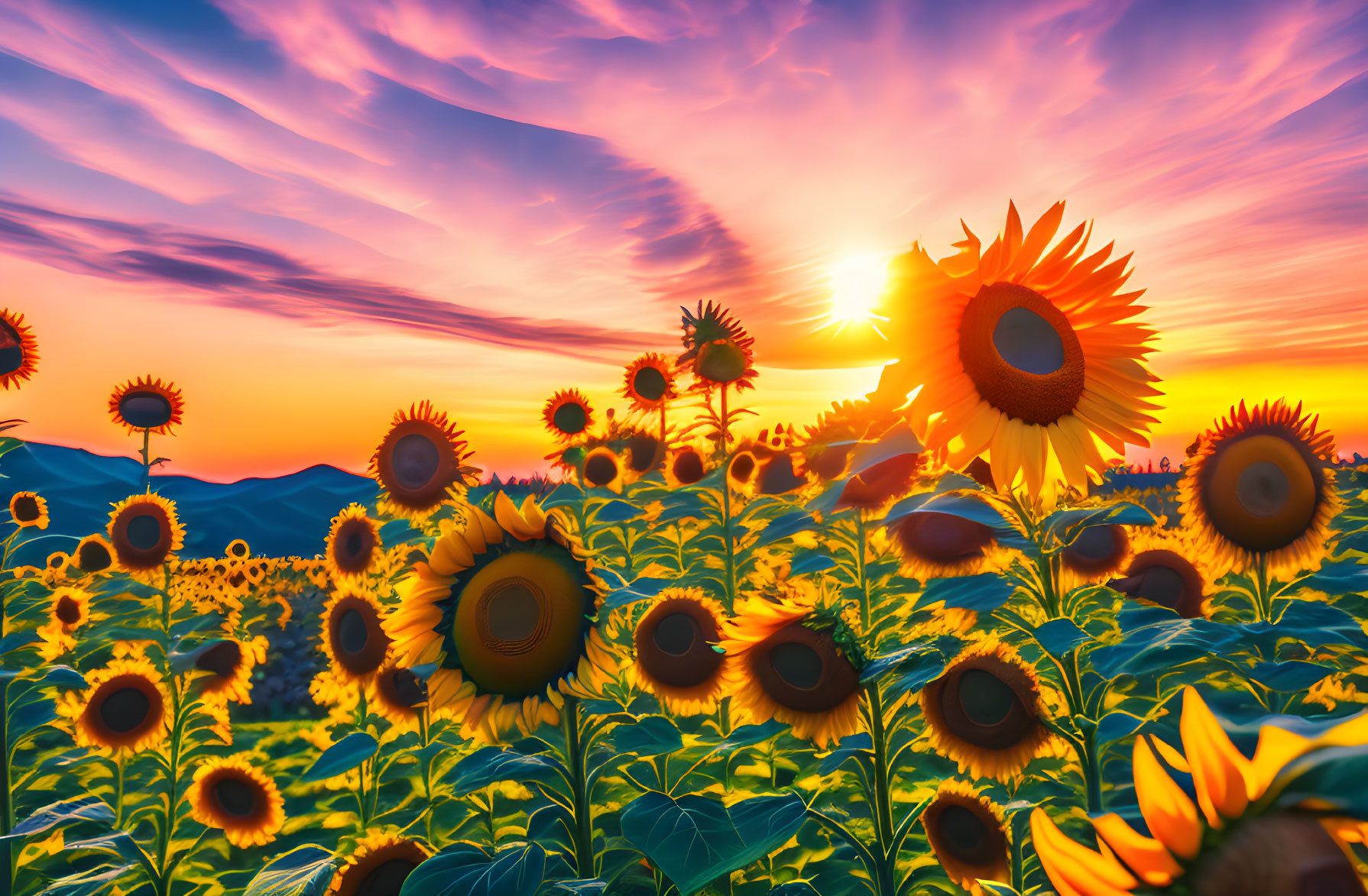 Colorful sunset over sunflower field with mountains in background