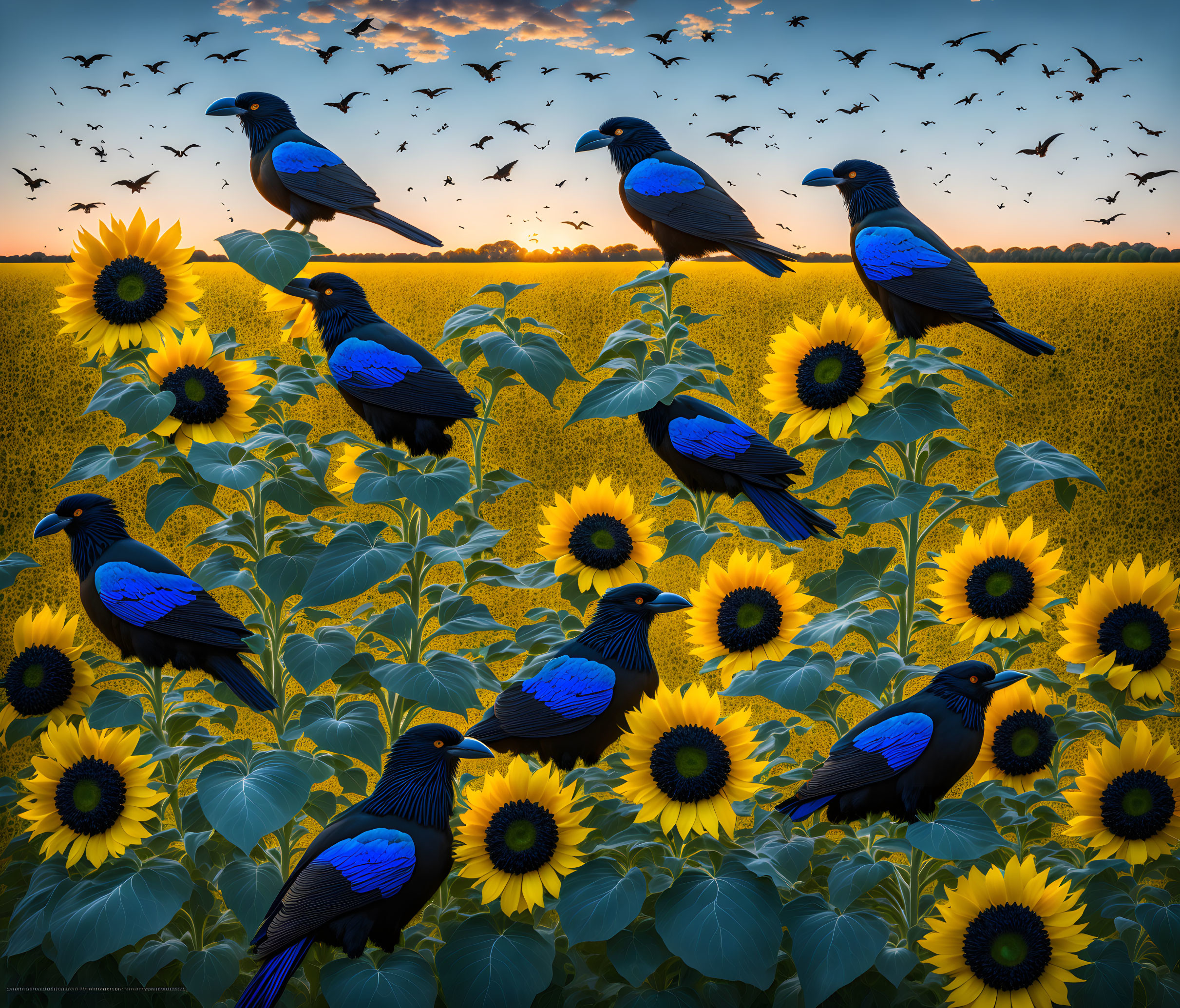 Sunflowers Field with Birds Perched and Flying at Sunset