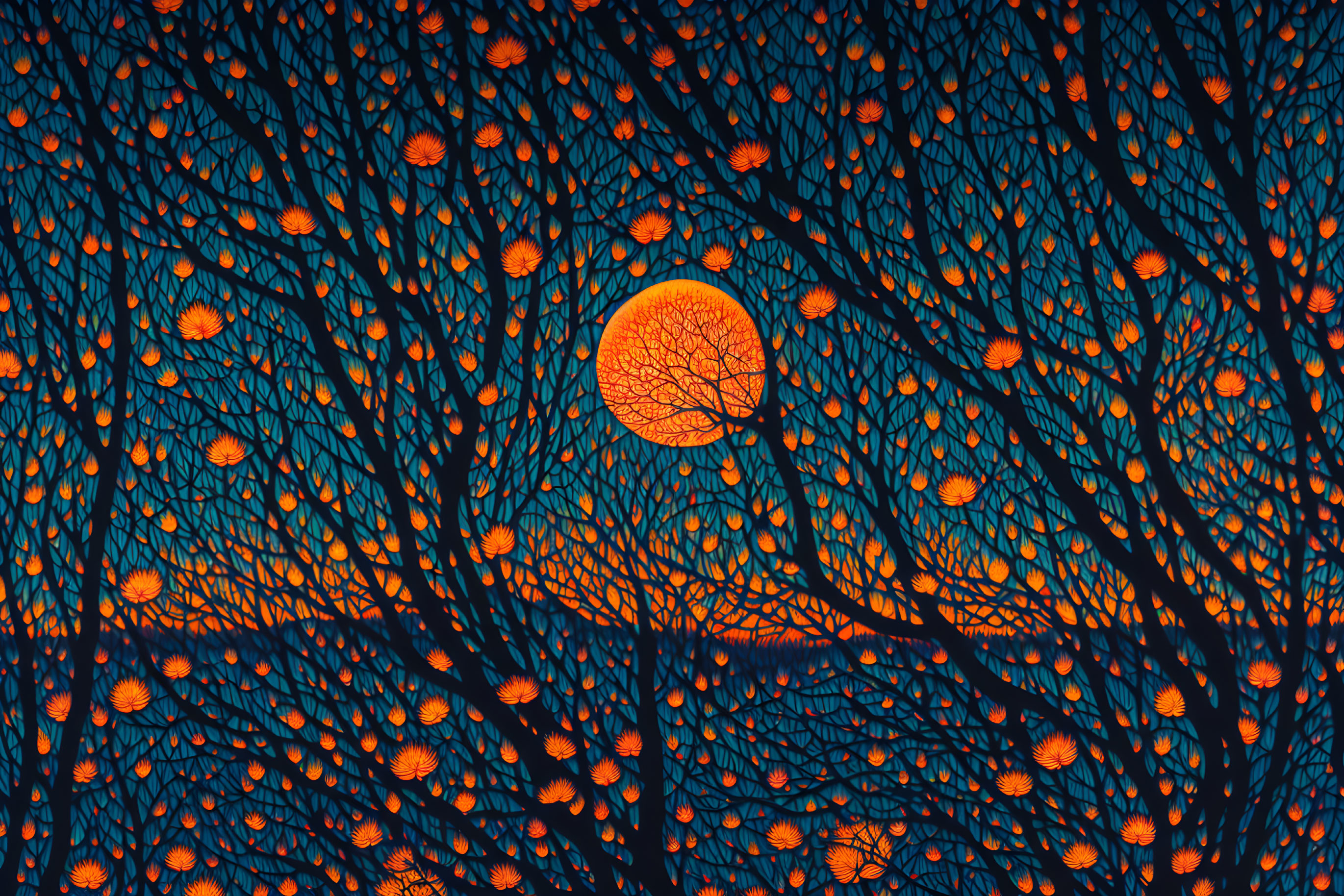 Tree branches silhouetted against vibrant orange backdrop with circular sun-like center.