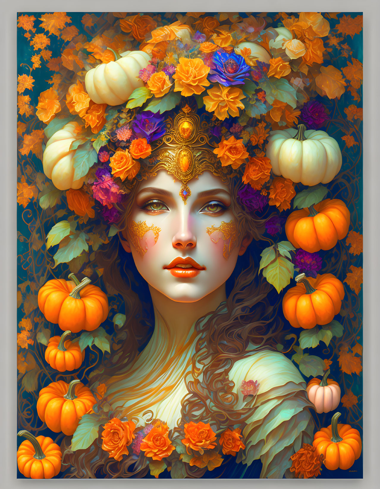 Woman with autumnal elements creating warm ambiance.