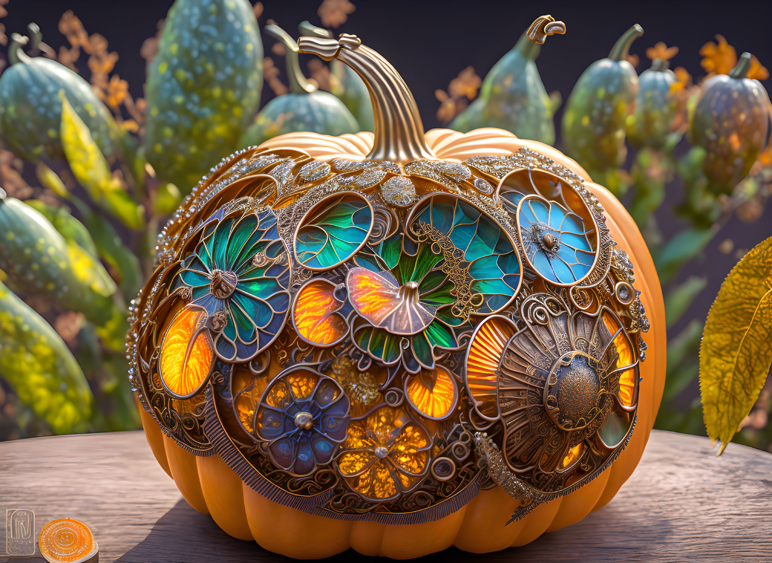 Intricately carved metal and stained-glass pumpkin outdoors