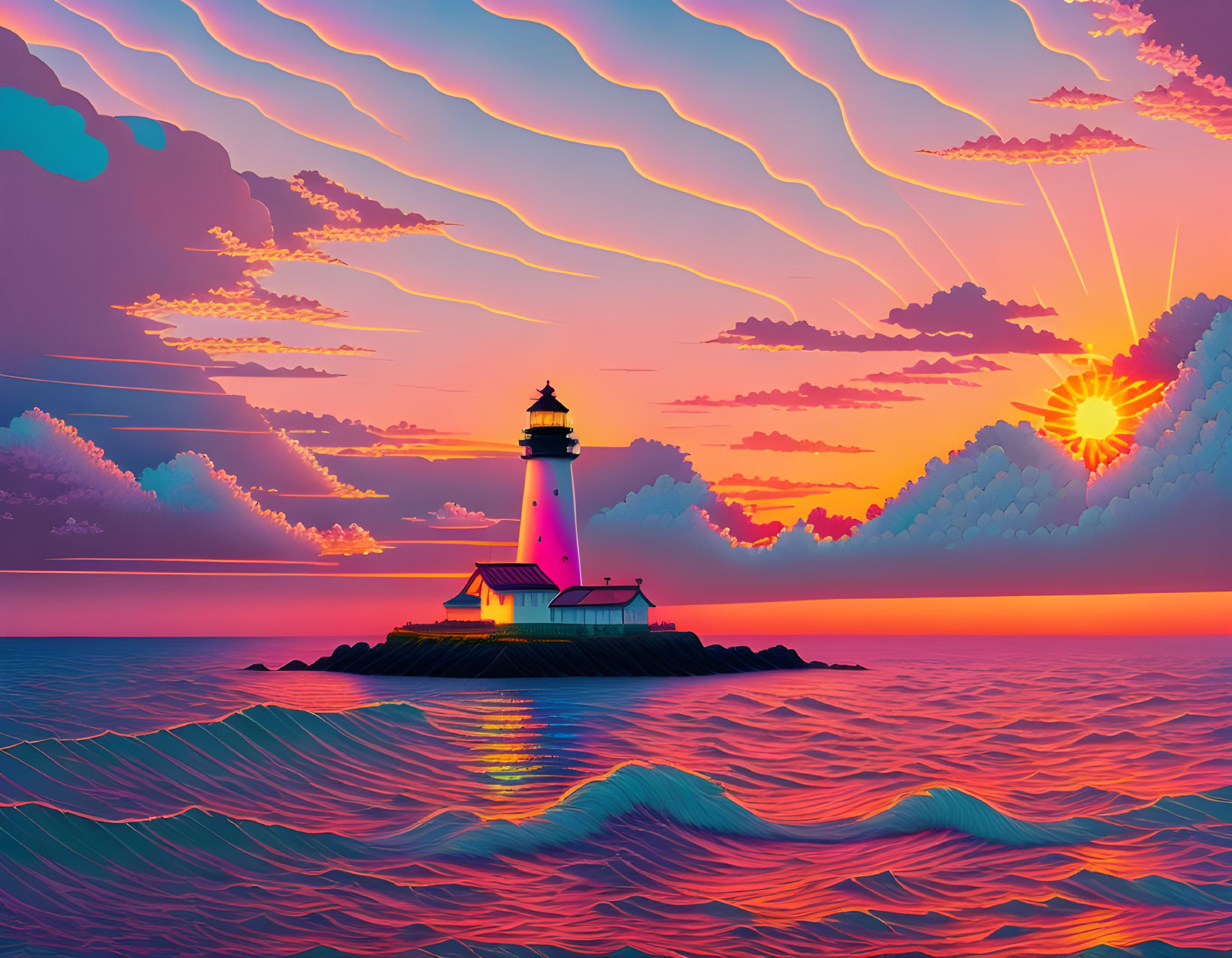 Colorful digital artwork: lighthouse on islet at sunset with purple and pink hues, wavy