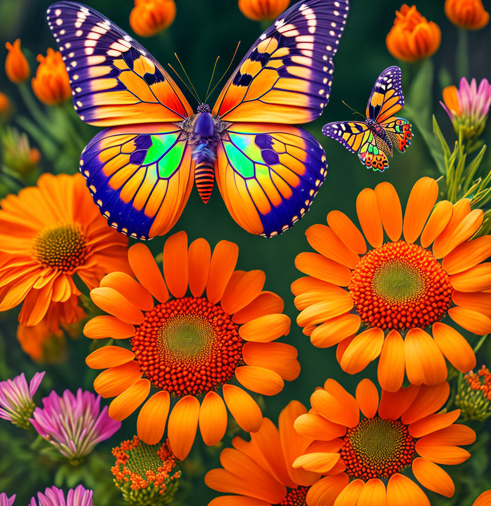 Colorful Butterfly Surrounded by Blooming Orange Flowers