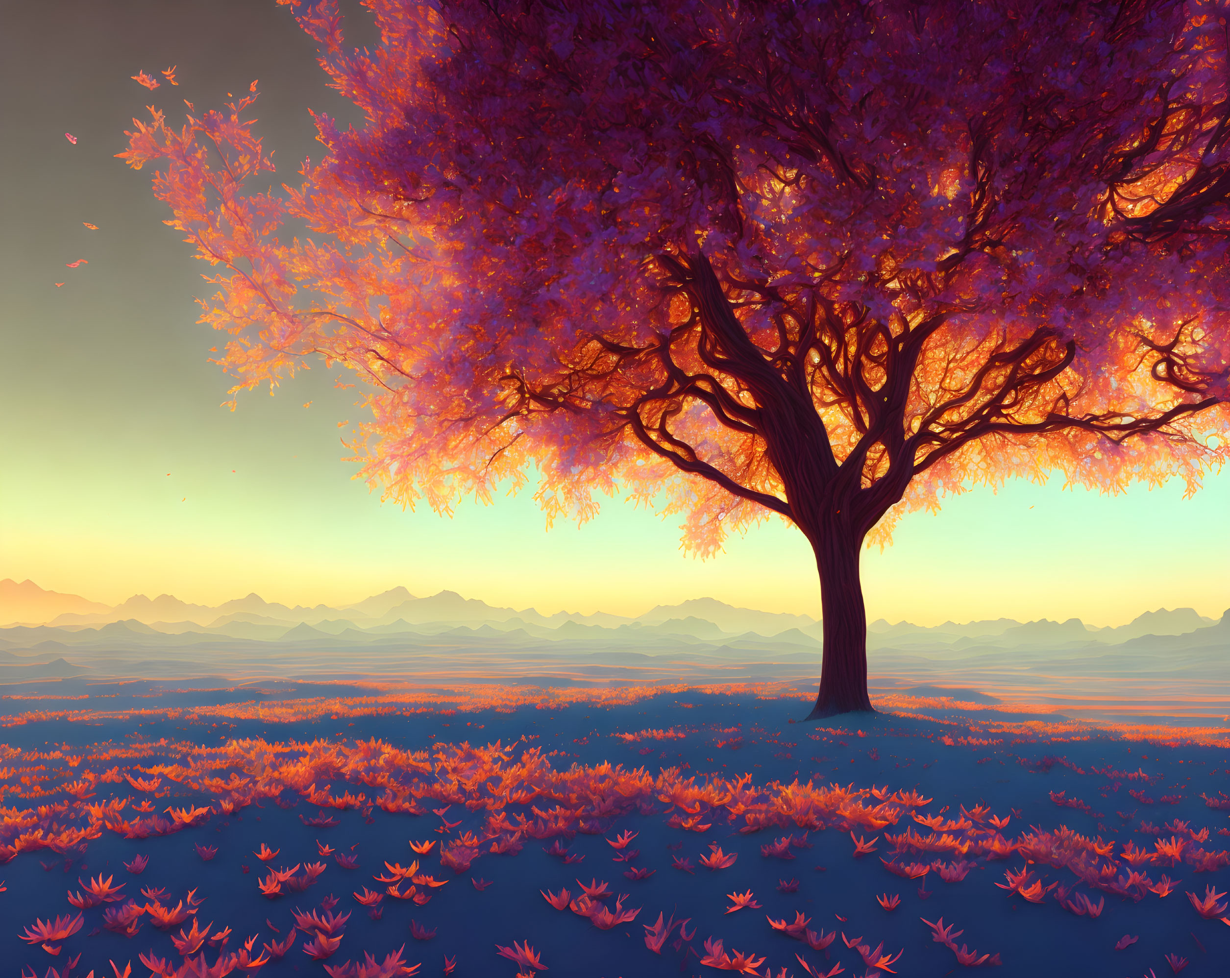 Colorful illustration: solitary tree with pink leaves, sunset, mountains, pink foliage.