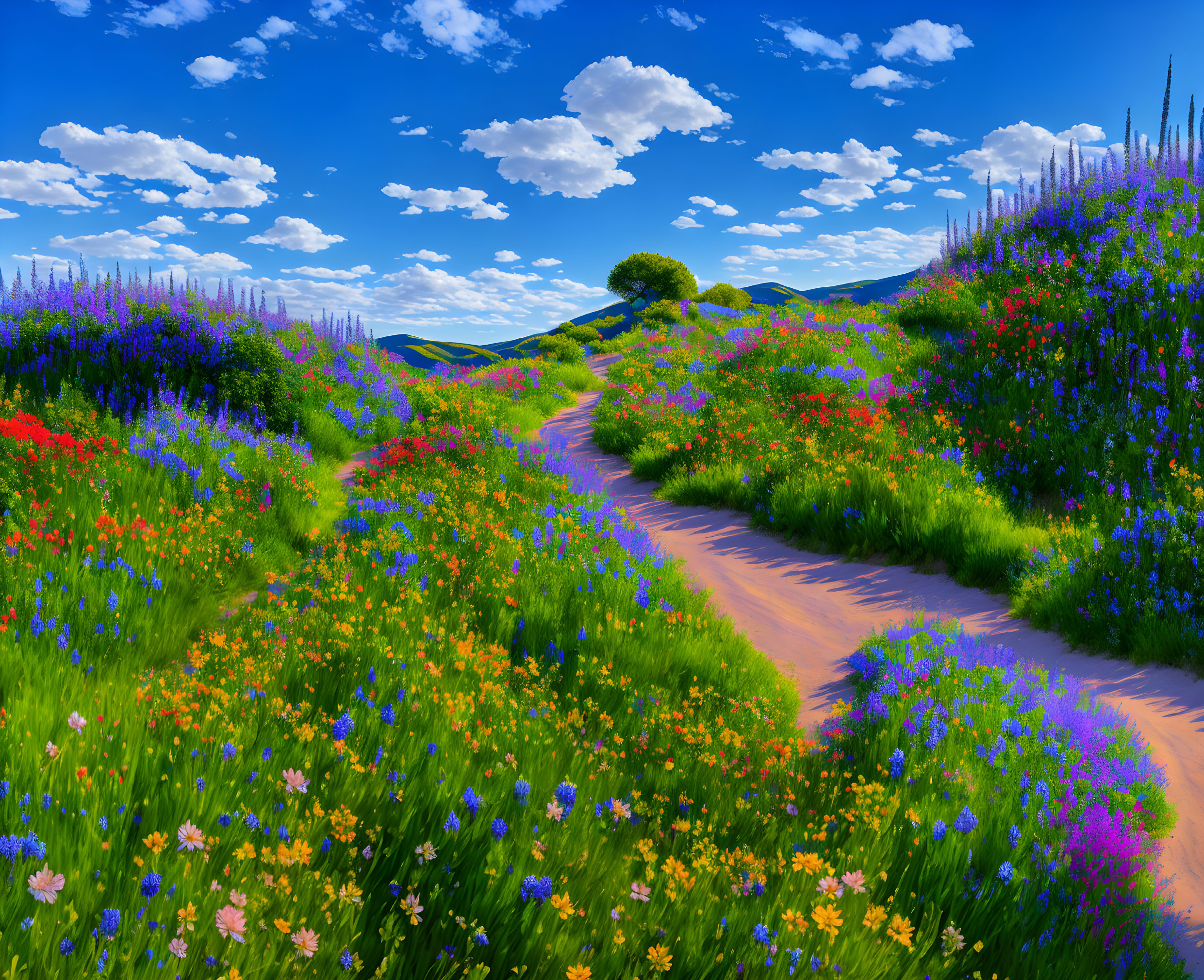 Colorful digital painting of a blooming meadow under a bright blue sky