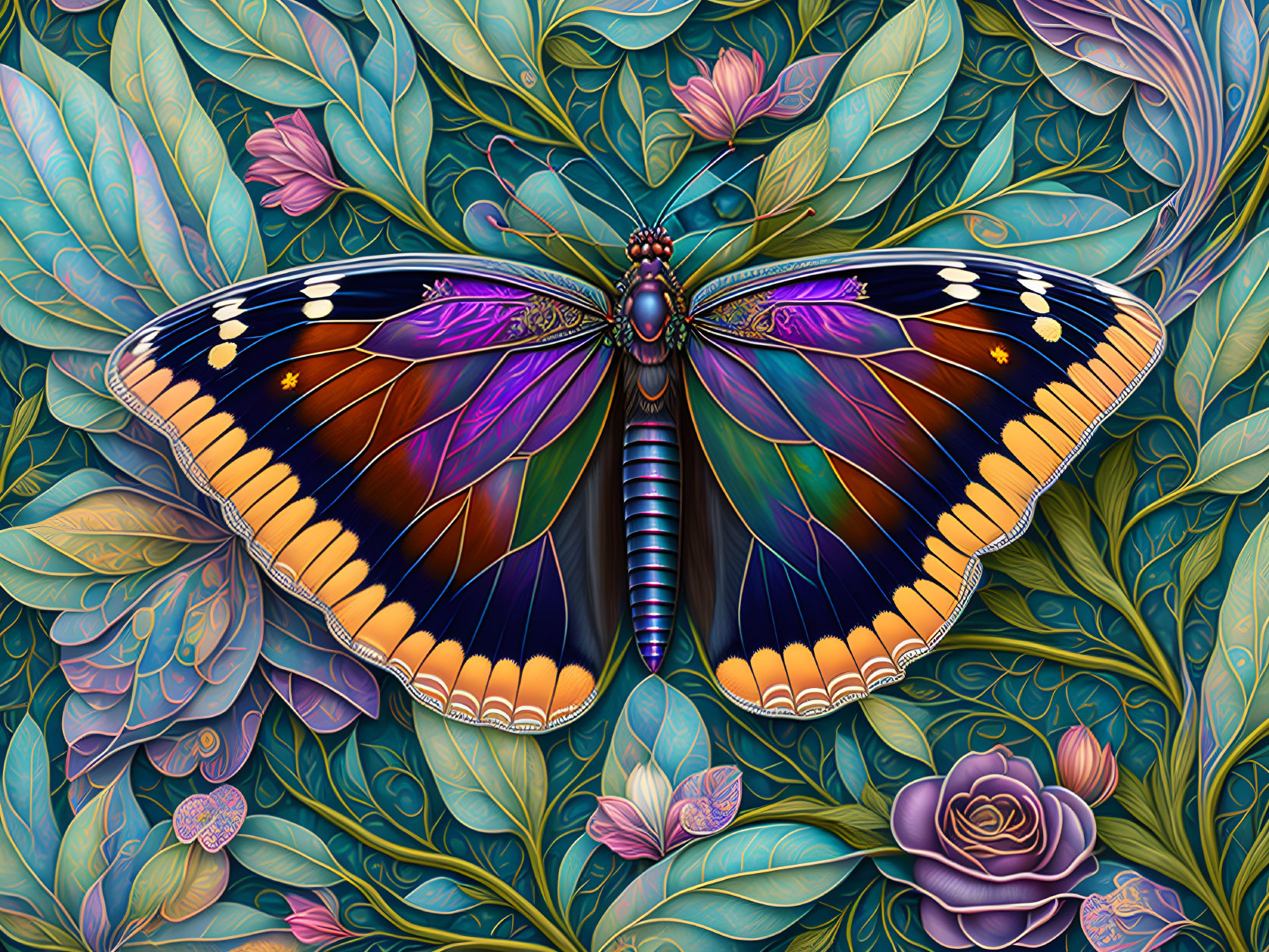 Colorful Butterfly Artwork with Intricate Wing Patterns and Purple Rose Backdrop