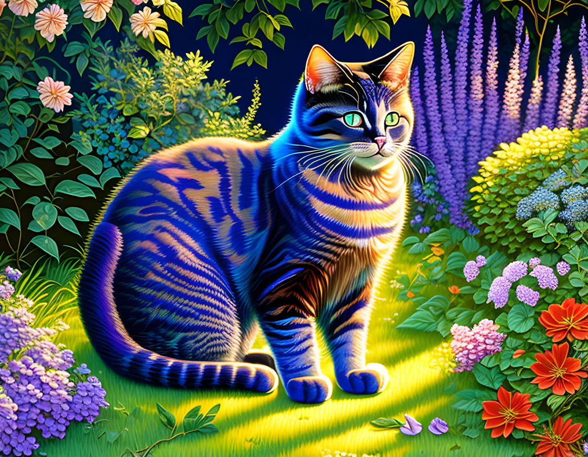 Vibrant Cat Illustration with Blue Stripes and Nighttime Floral Background