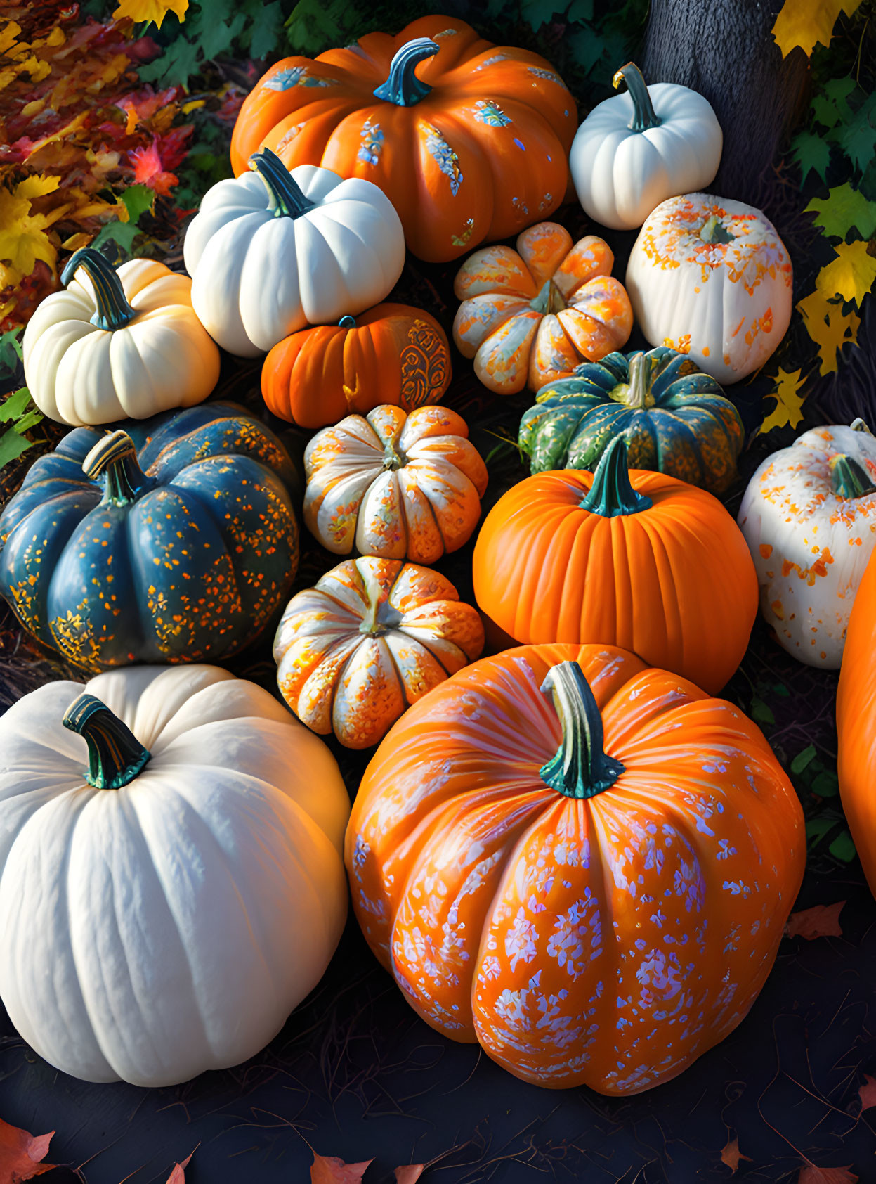 Vibrant pumpkins and gourds with diverse patterns in fall setting