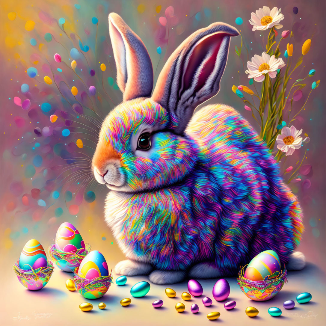 Colorful Rabbit Illustration with Patterned Fur, Eggs, and Flowers on Vibrant Background