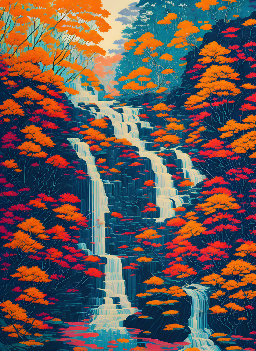 Vibrant waterfall scene with orange and red autumn foliage