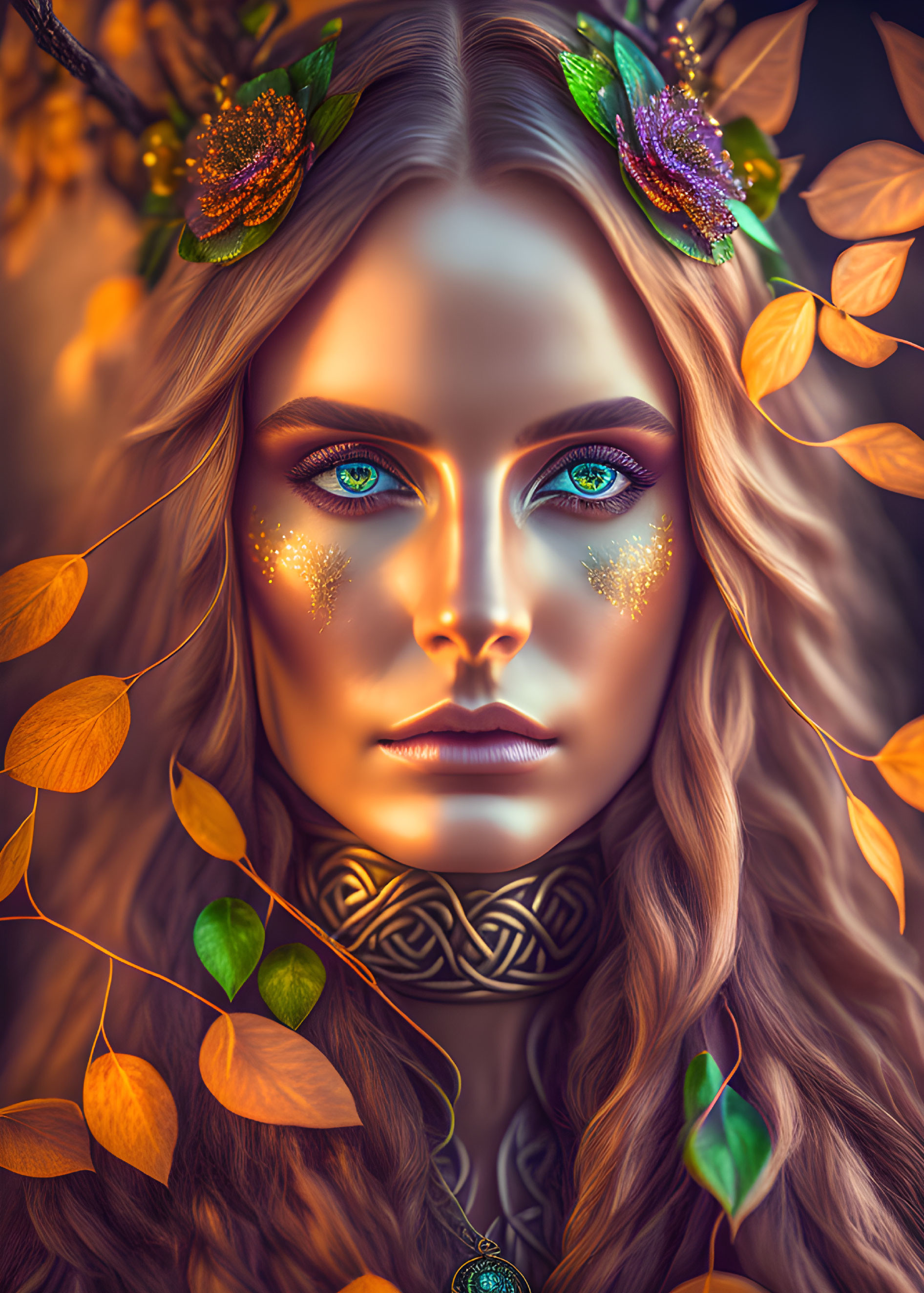 Digital portrait of woman with blue eyes, floral crown, autumn leaves, face paint, Celtic necklace