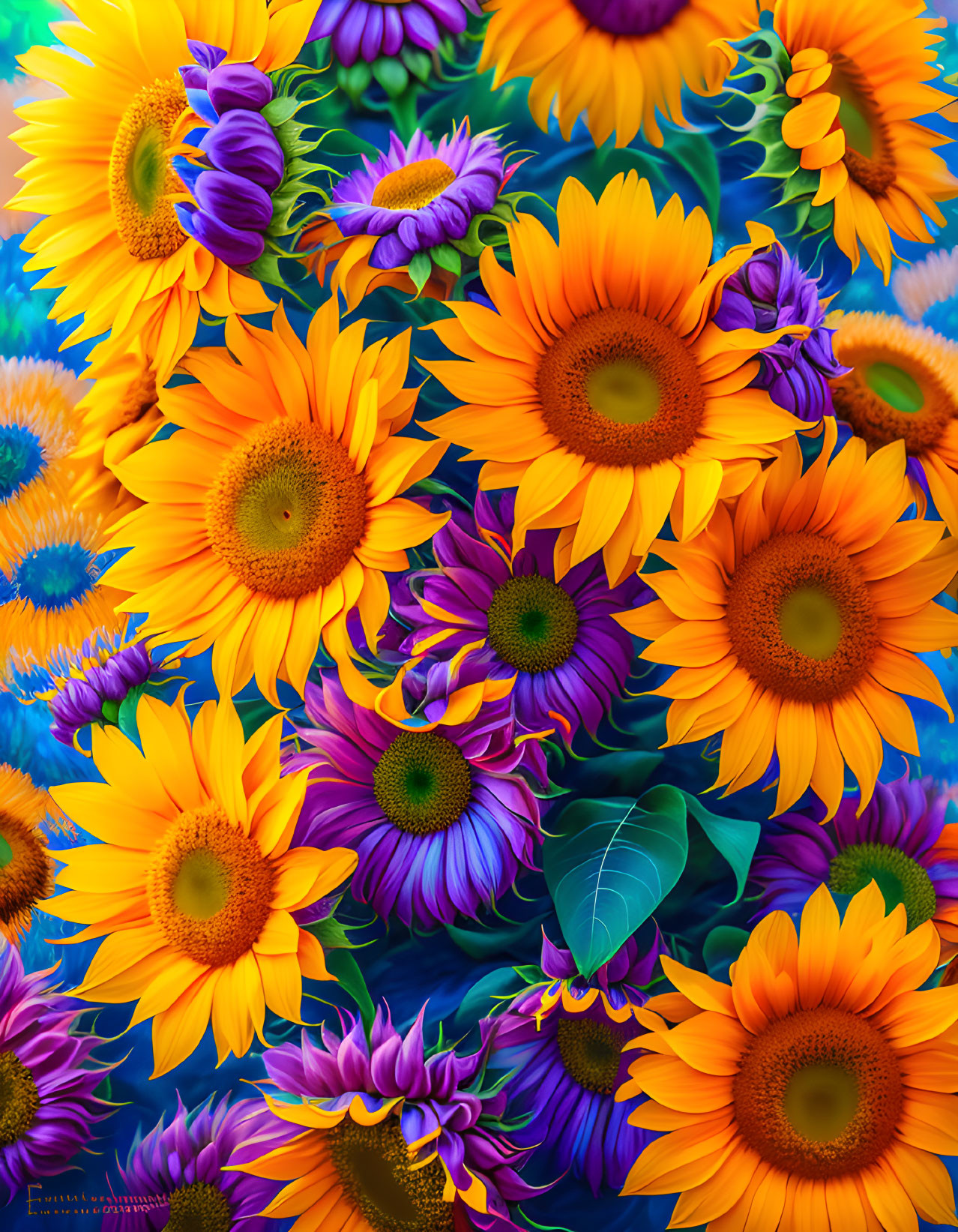 Colorful Sunflowers and Purple Flowers with Lush Green Leaves Display