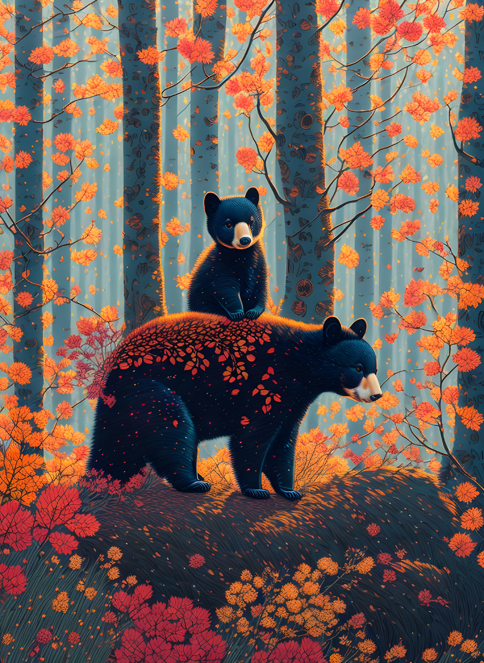 Illustration: Bear and Cub in Vibrant Forest with Orange Foliage