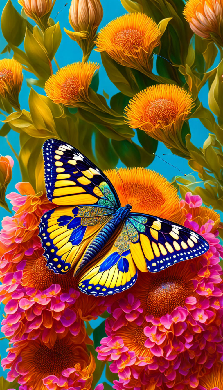 Colorful monarch butterfly on pink flowers with yellow buds and blue sky