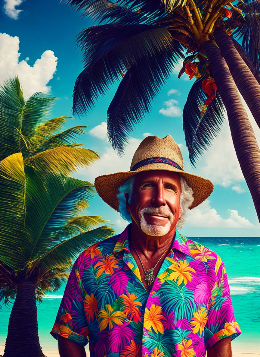 Smiling man in floral shirt and straw hat under palm tree by the ocean