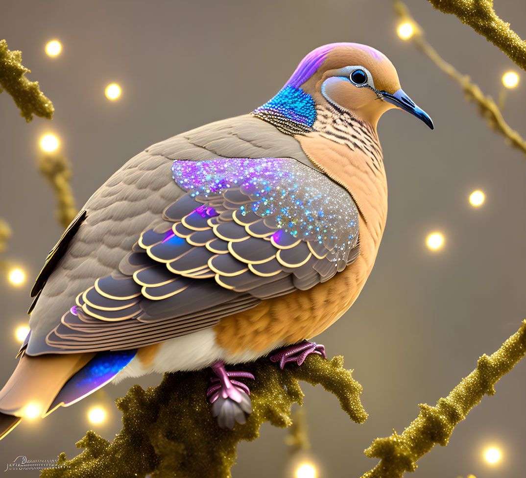 Stylized digital artwork: Dove with pastel feathers and golden branches