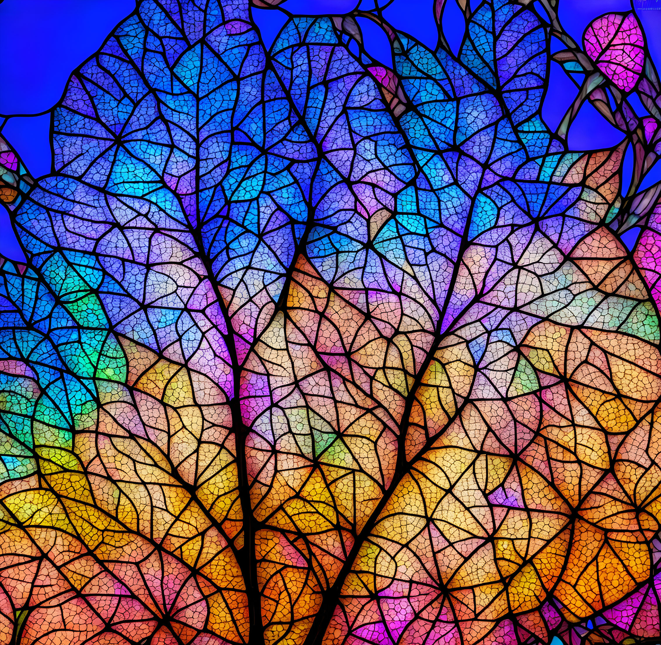 Multicolored Leaves Stained Glass Illustration on Blue Sky