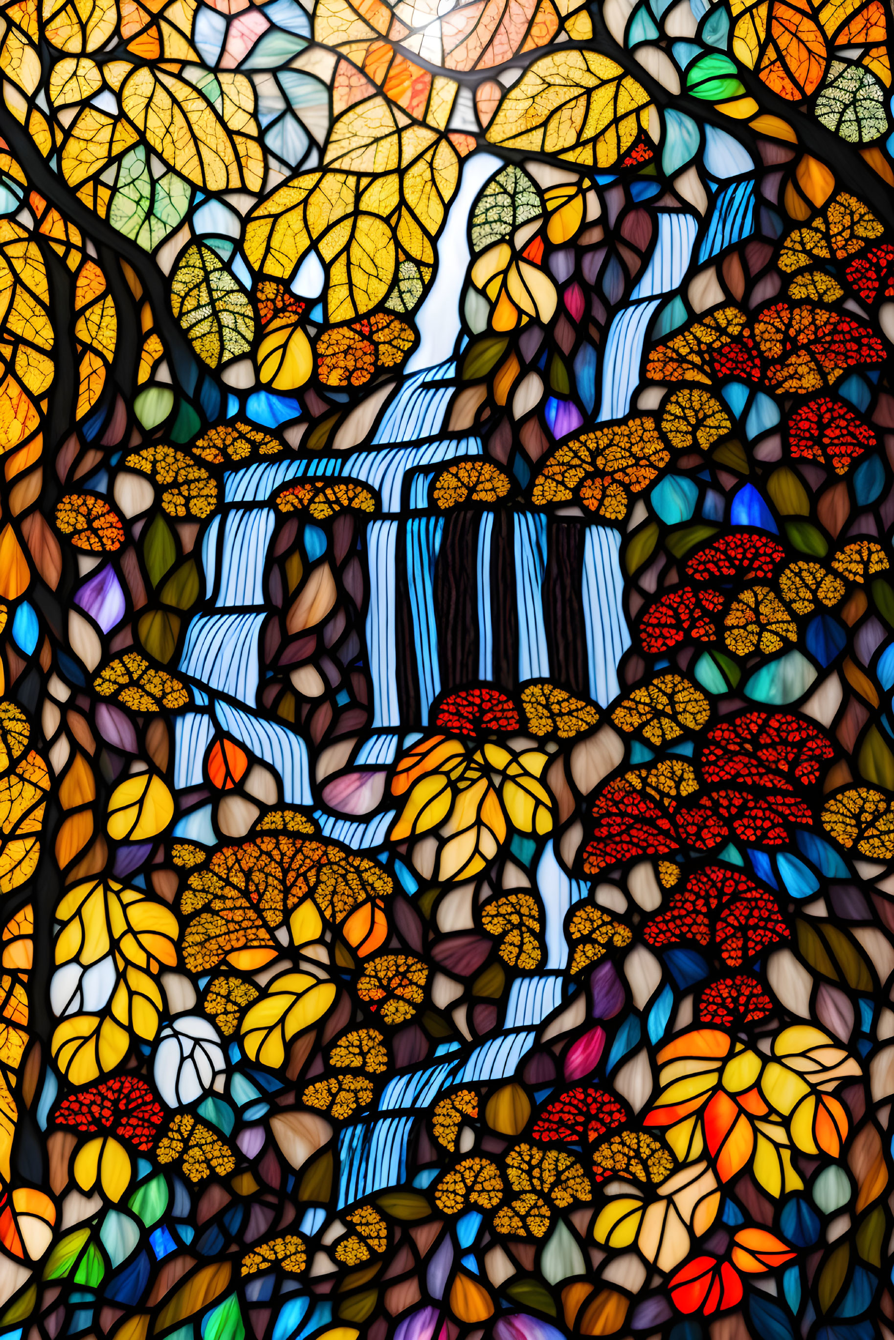 Vibrant autumn scene in stained glass window