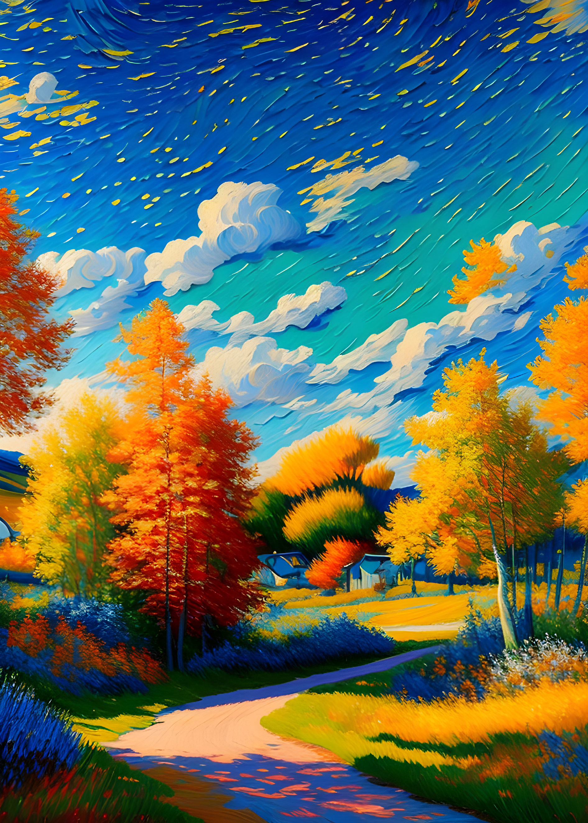 Autumn forest pathway painting under starry sky