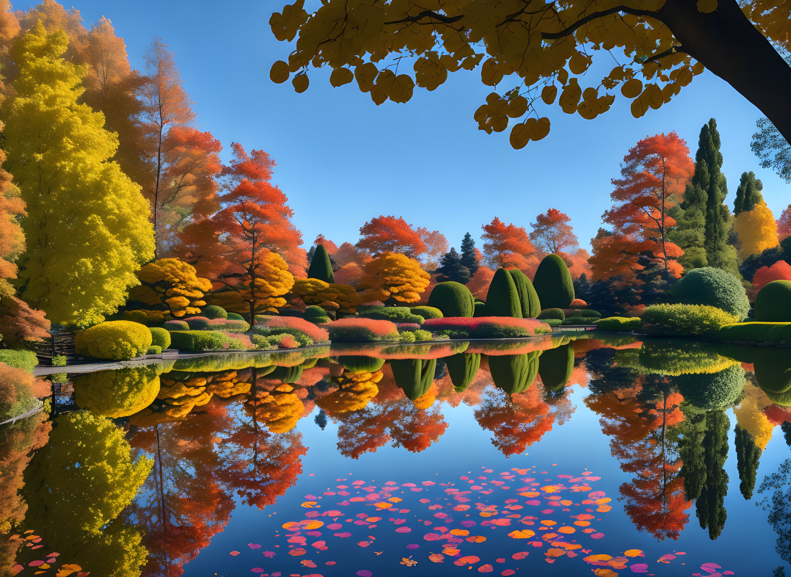 Tranquil autumn garden with colorful trees and still pond