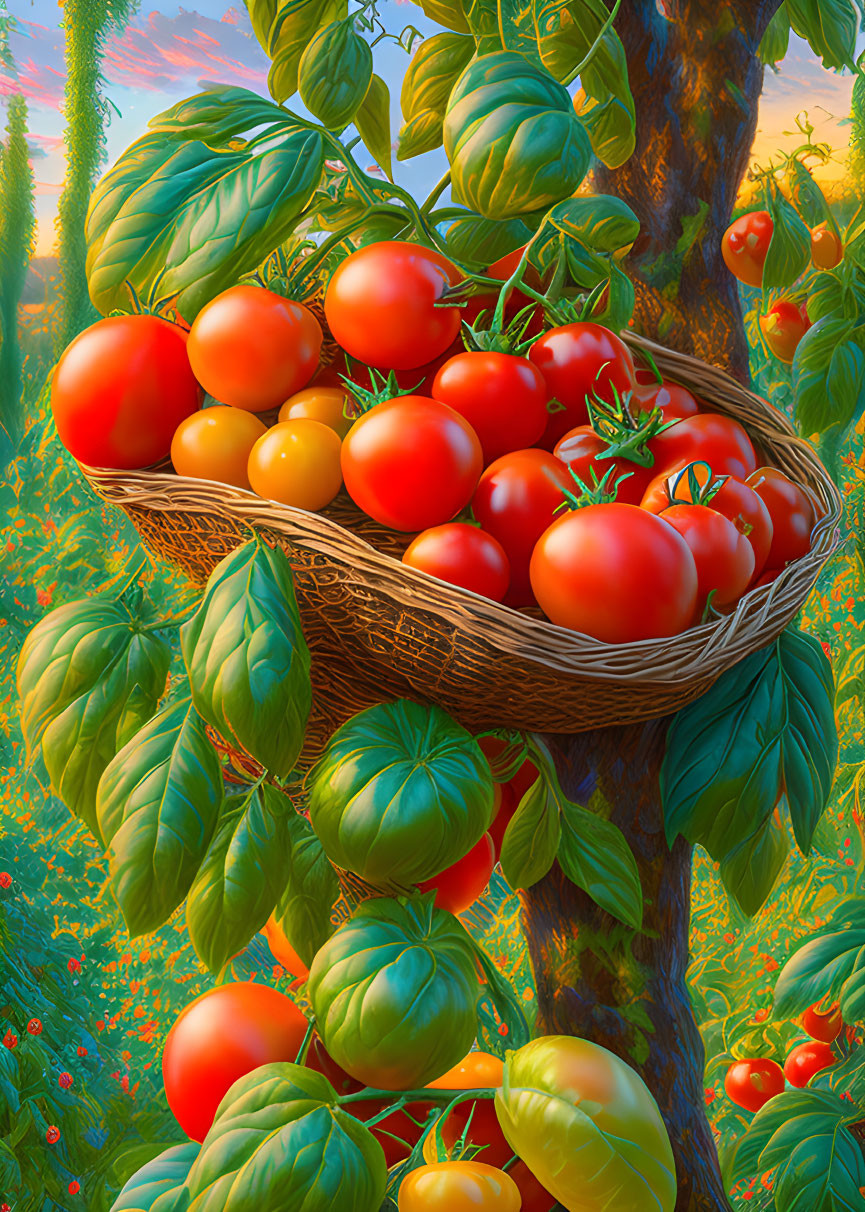 Illustration of ripe tomatoes in wicker basket under sunlight