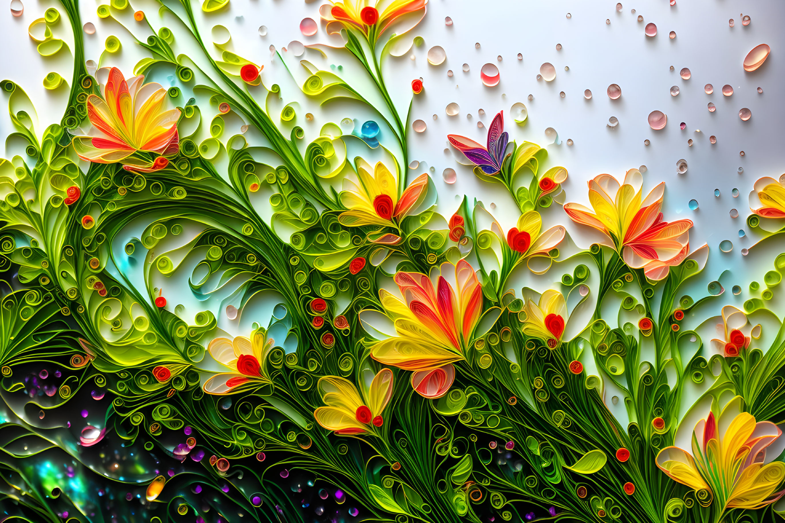 Colorful Floral Digital Art with Green Foliage & Dewdrops