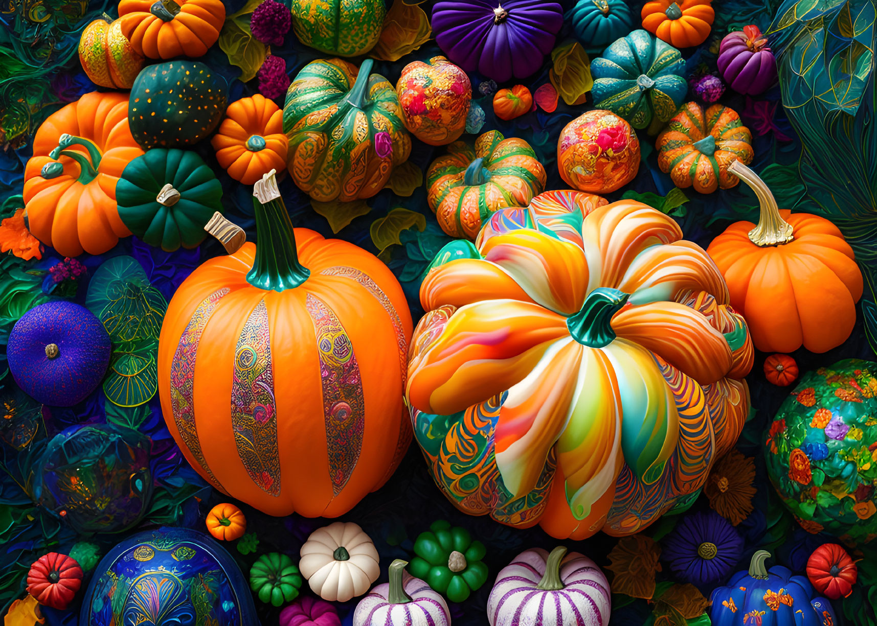 Assorted Decorated Pumpkins in Various Sizes and Patterns