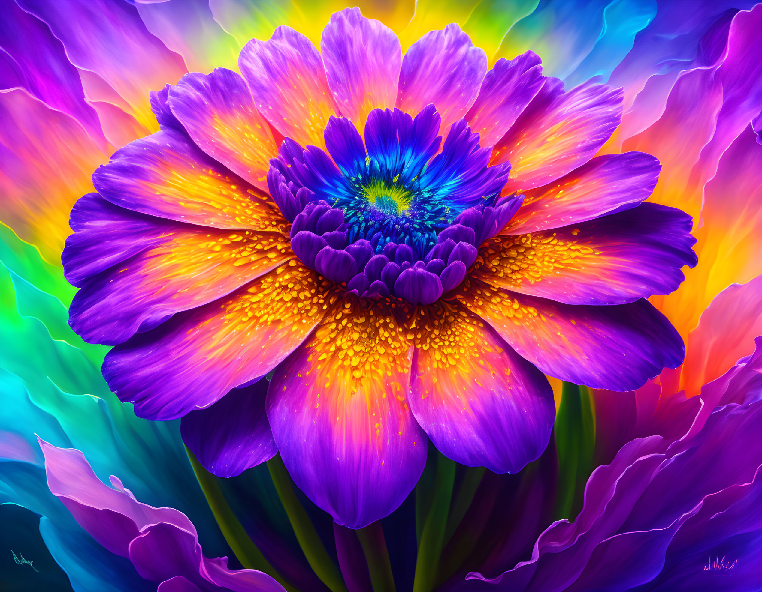 Colorful digital artwork featuring large purple flower with blue center and abstract multicolored petals.