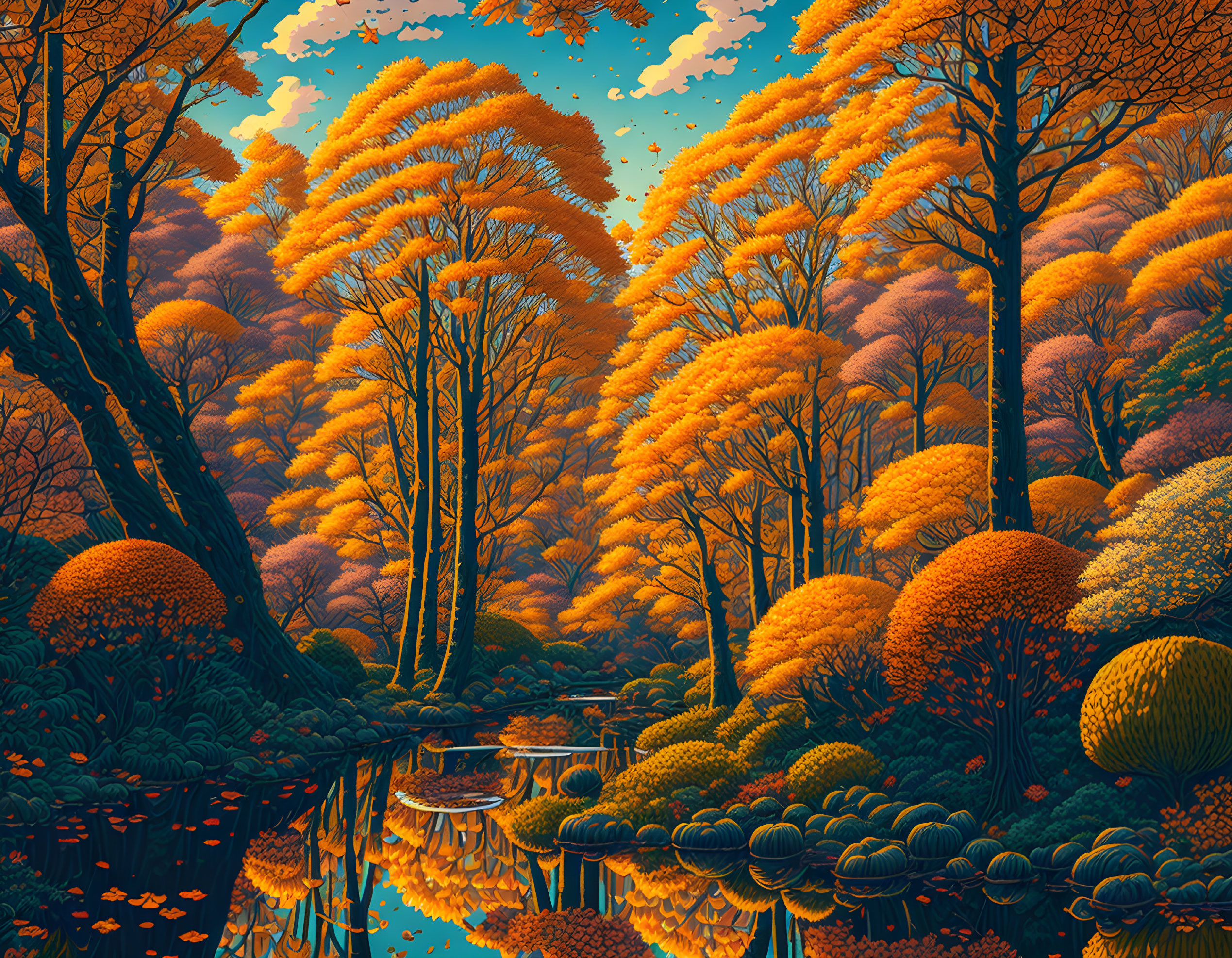 Vibrant autumn forest with orange foliage, reflecting trees, and tranquil water under a sunset sky