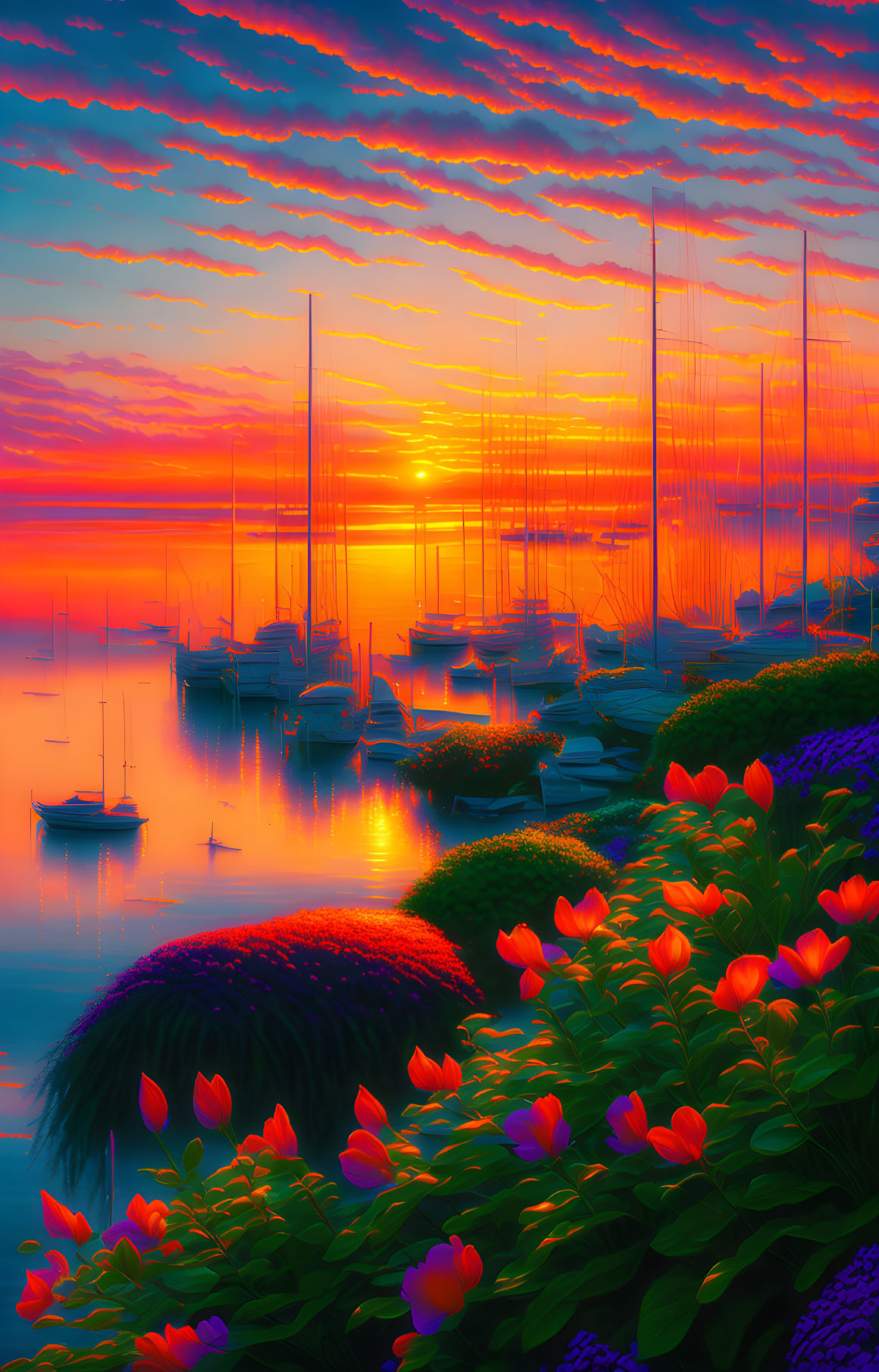 Digital Art: Vibrant Sunset Over Tranquil Marina