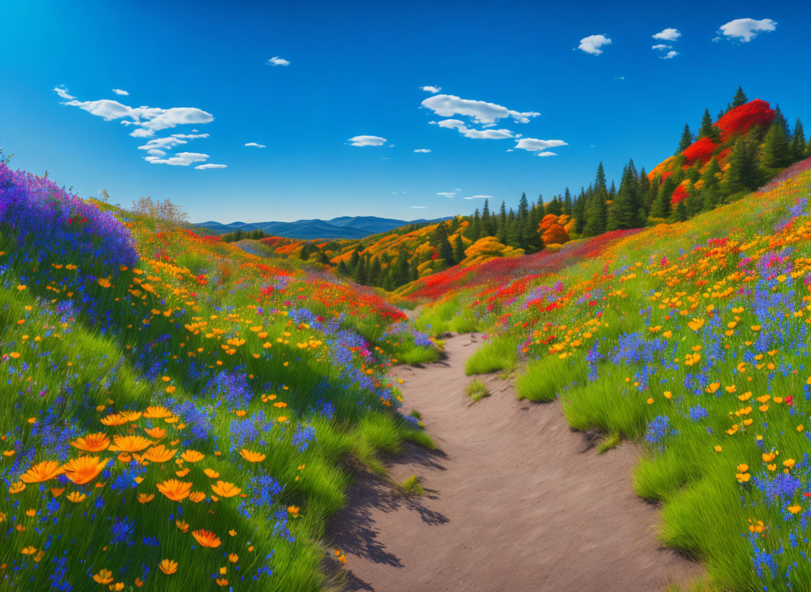 Colorful wildflower fields and rolling hills under a blue sky.