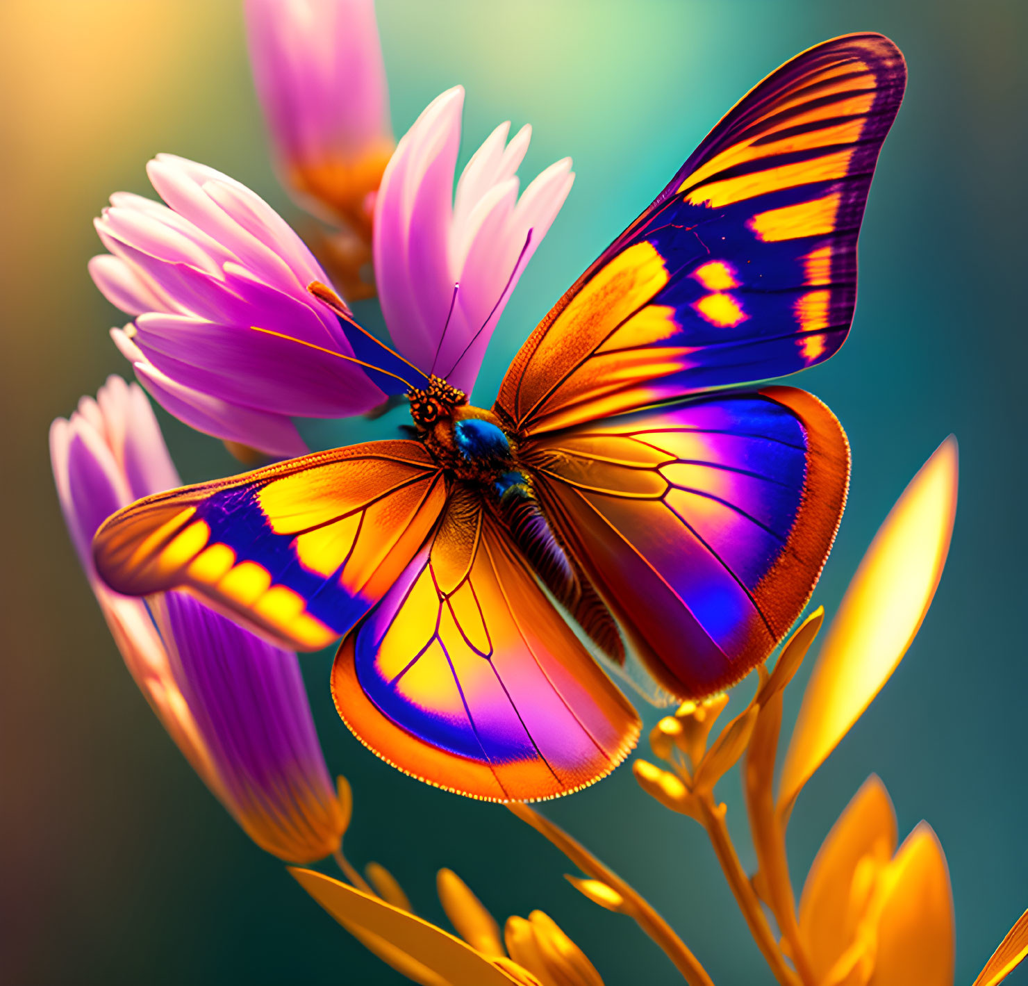 Colorful Butterfly on Purple Flower with Green Background