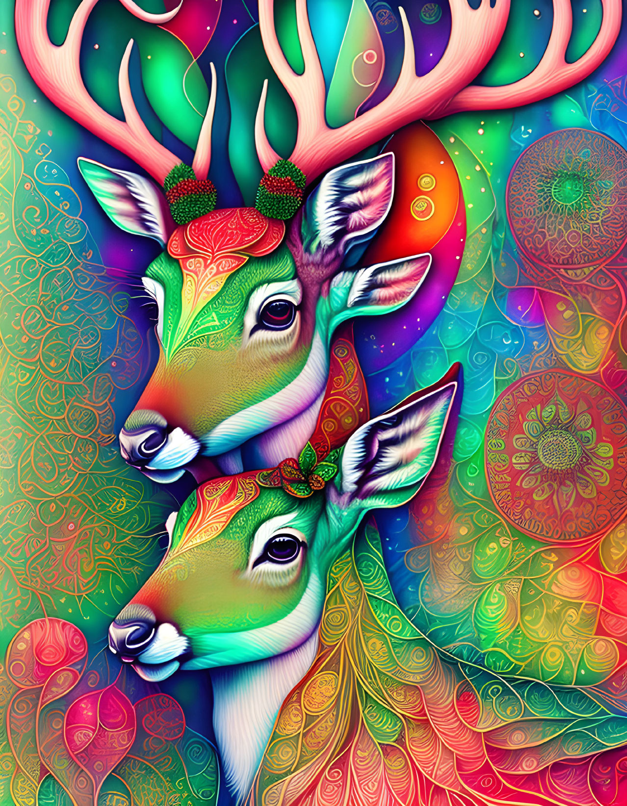 Vibrantly colored illustrated deer with ornate antlers on psychedelic background