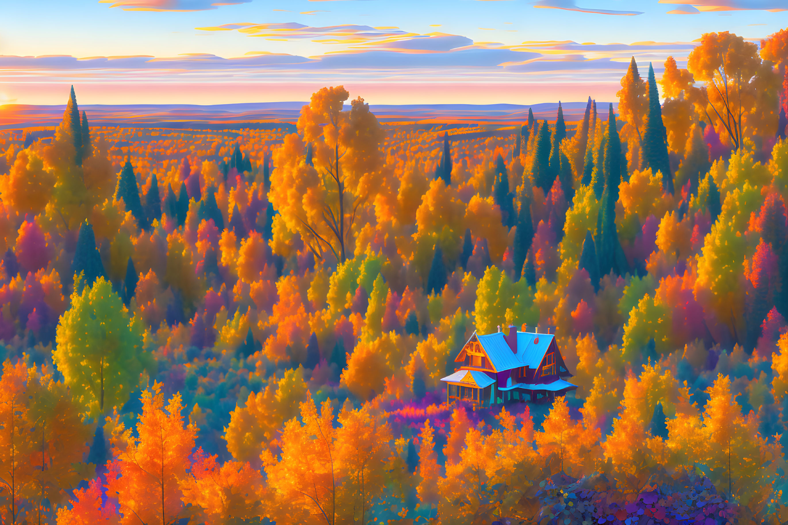 Colorful Autumn Landscape with House and Trees under Sunset Sky